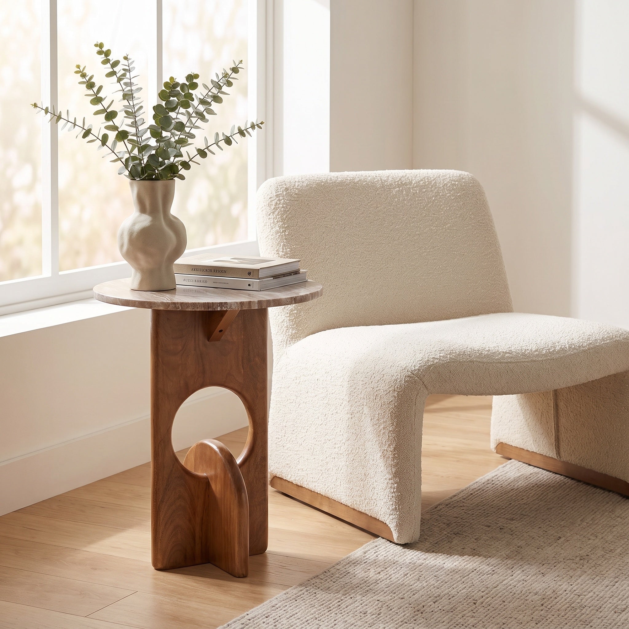 Sand Marble Wood Cutout Sculpture Base Side Table