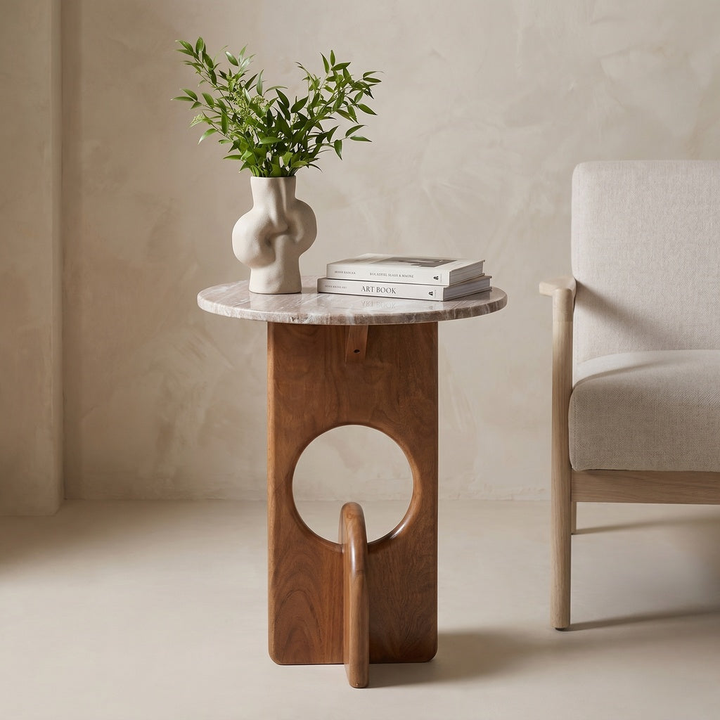 Sand Marble Wood Cutout Sculpture Base Side Table