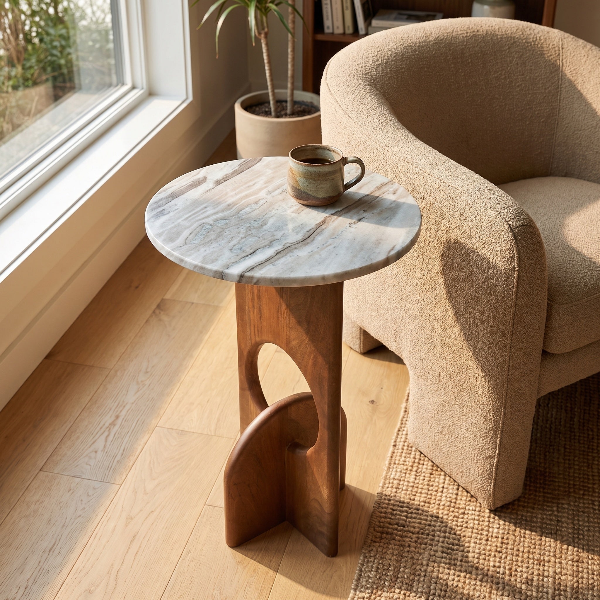 Sand Marble Wood Cutout Sculpture Base Side Table