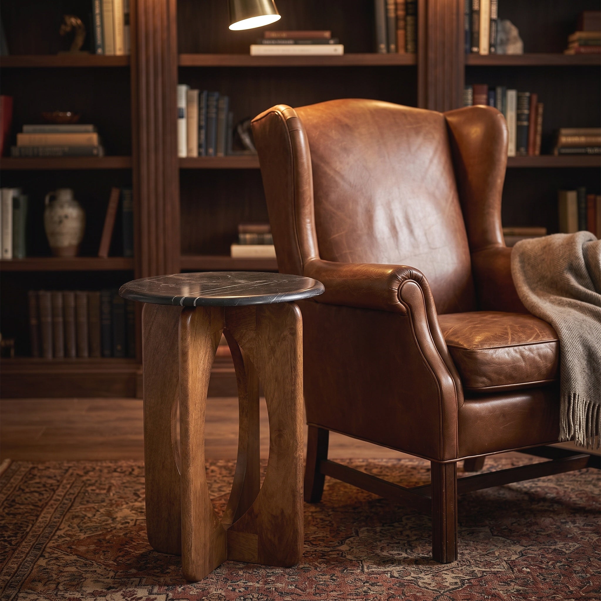 Round Black Marble Wood Cutout Side Table