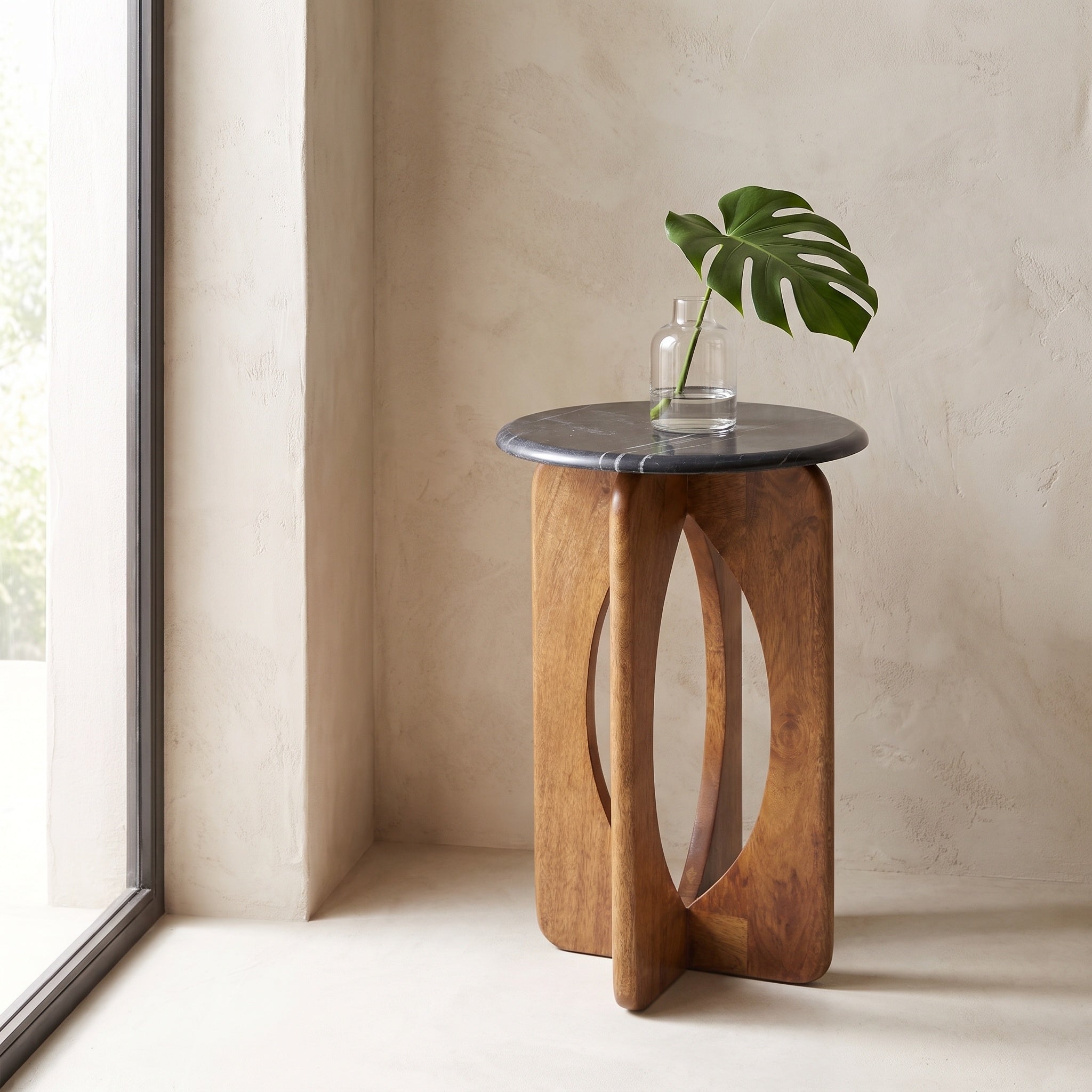 Round Black Marble Wood Cutout Side Table