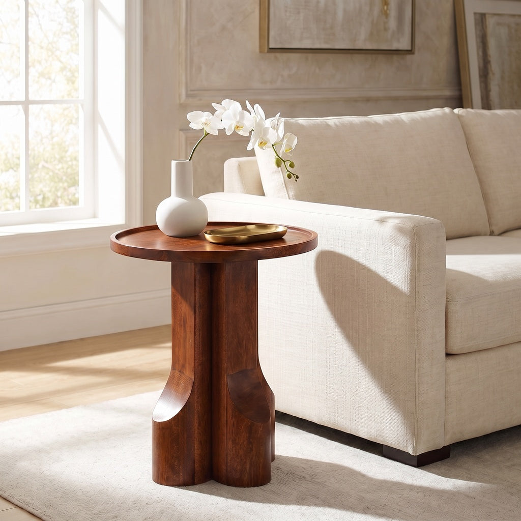 Round Wood Lip Edge Pedestal Side Table