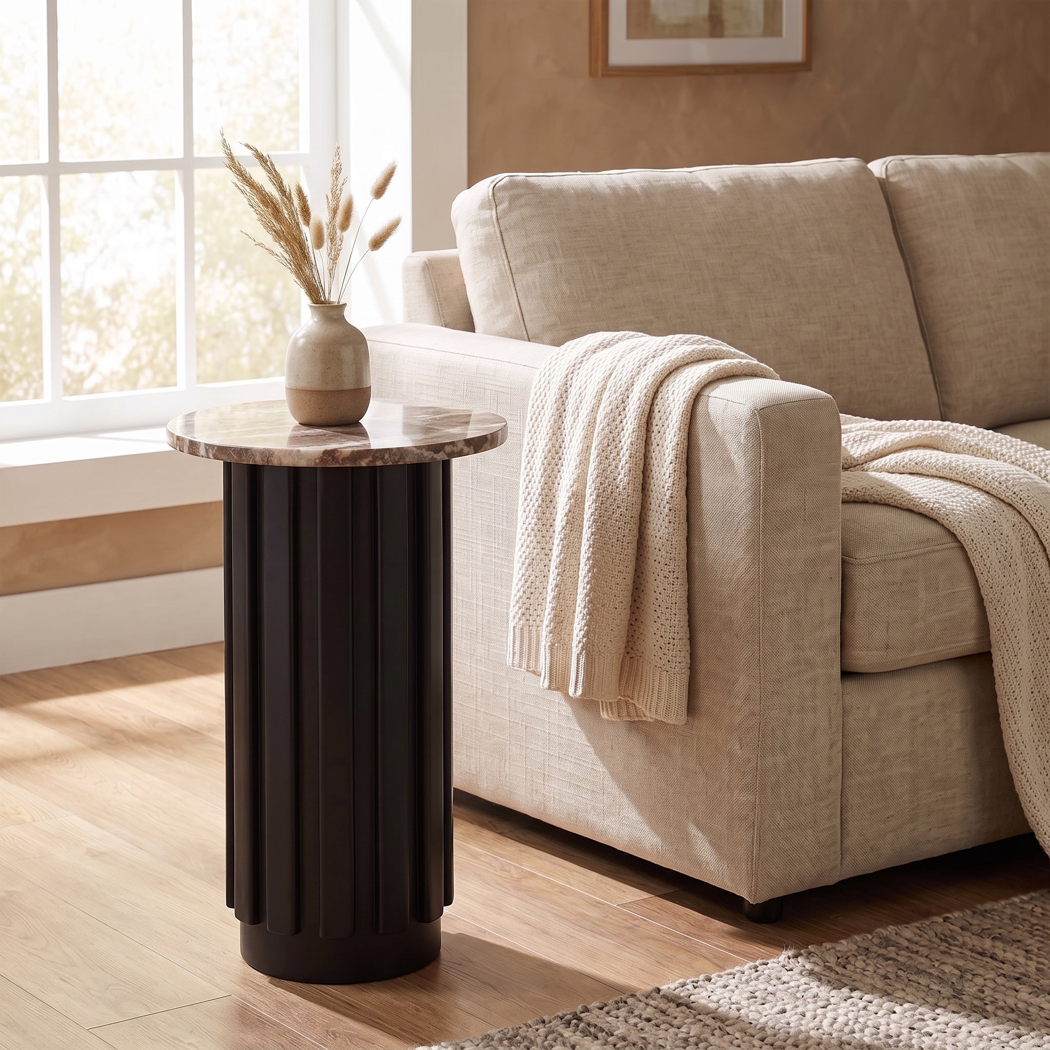 Beige Marble Black Fluted Base Drink Table