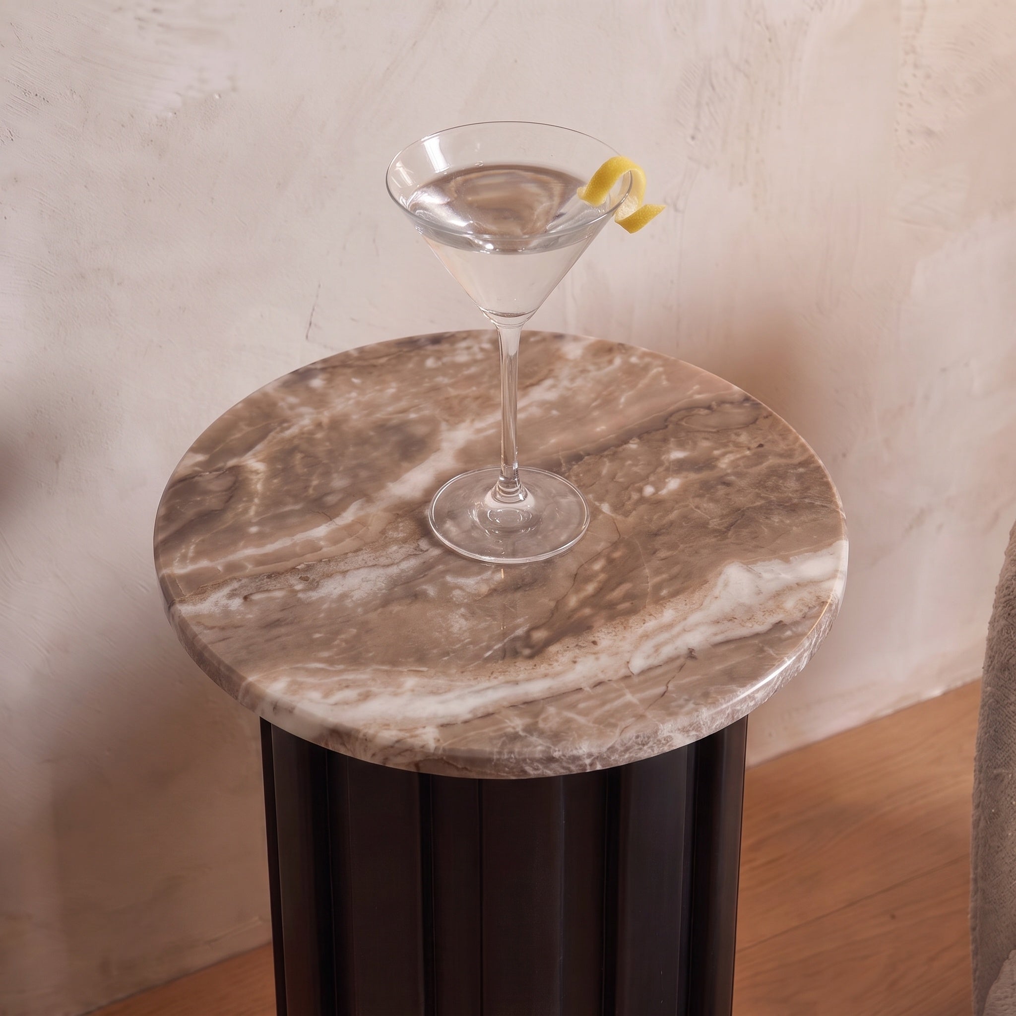 Beige Marble Black Fluted Base Drink Table