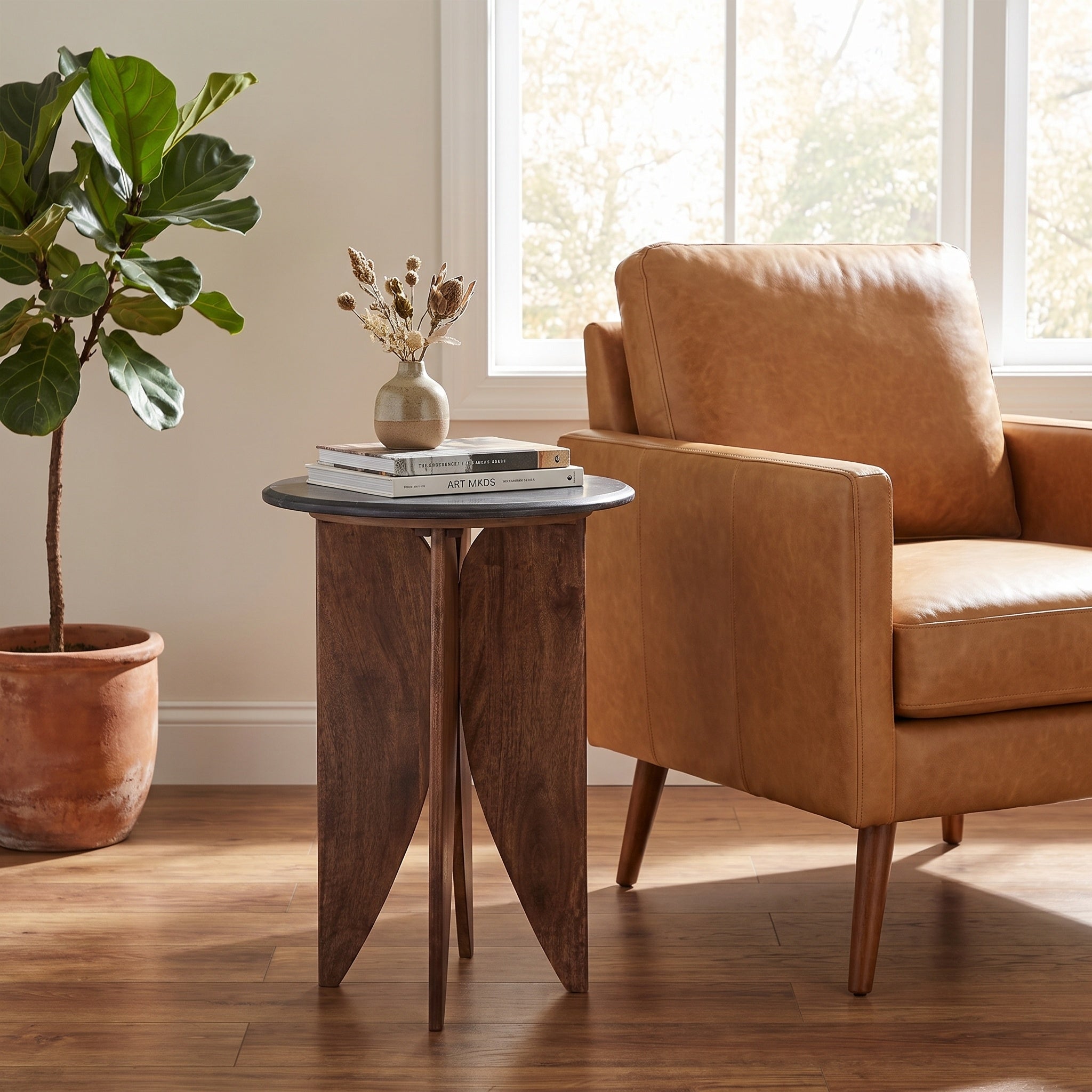 Black Marble & Wood Petal-Leg Side Table