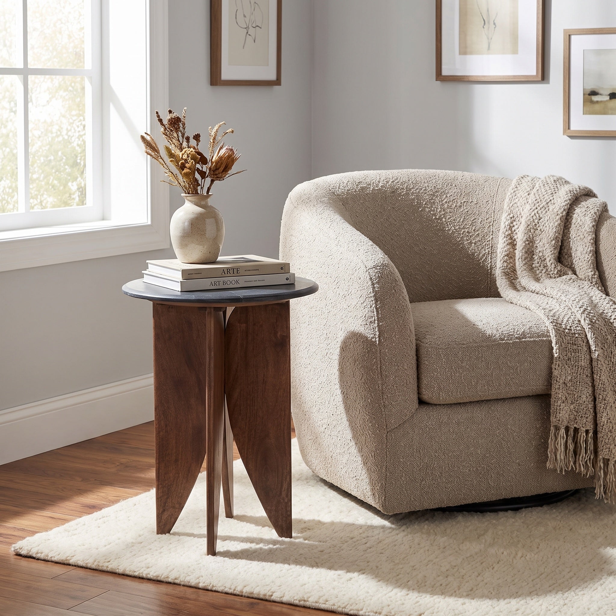 Black Marble & Wood Petal-Leg Side Table