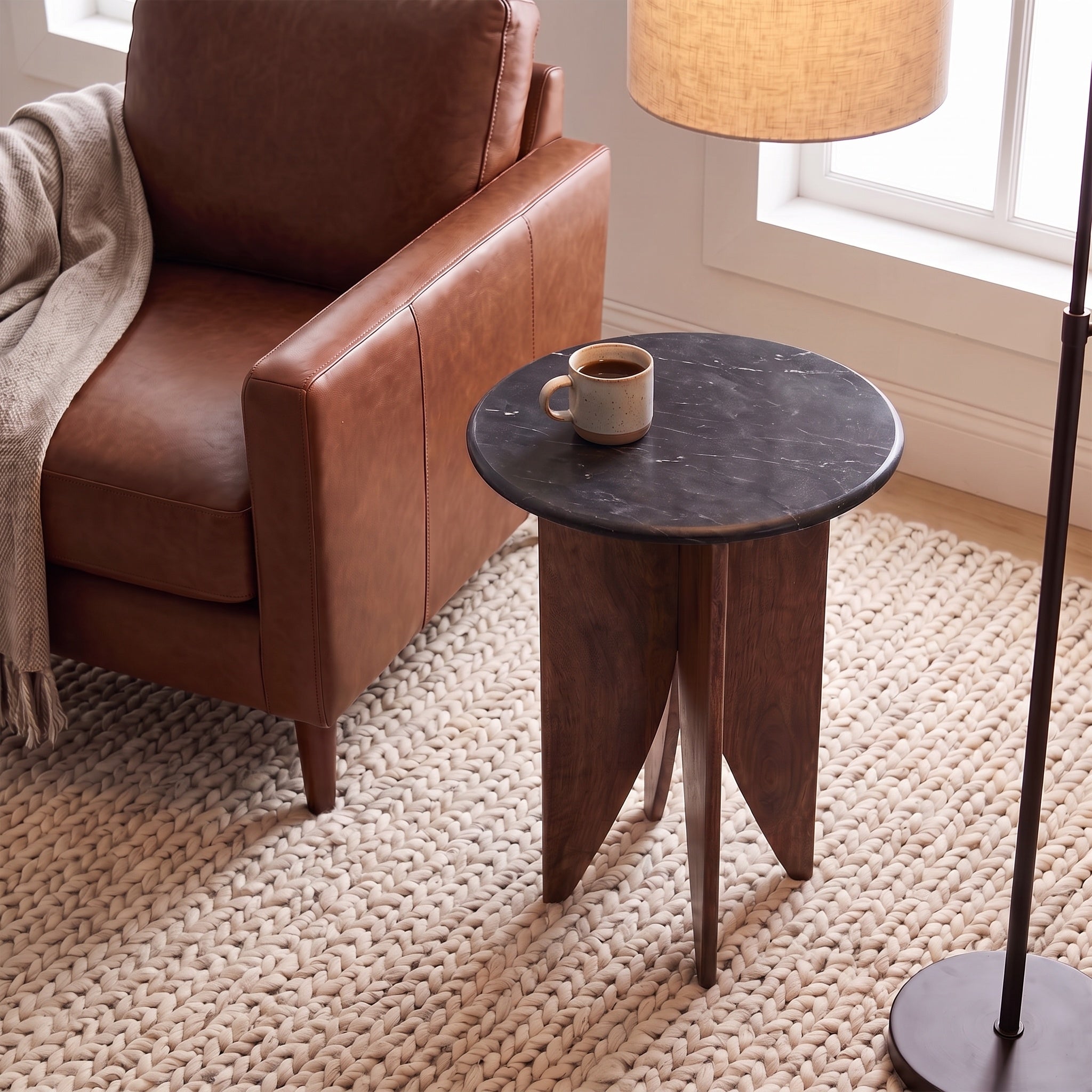 Black Marble & Wood Petal-Leg Side Table