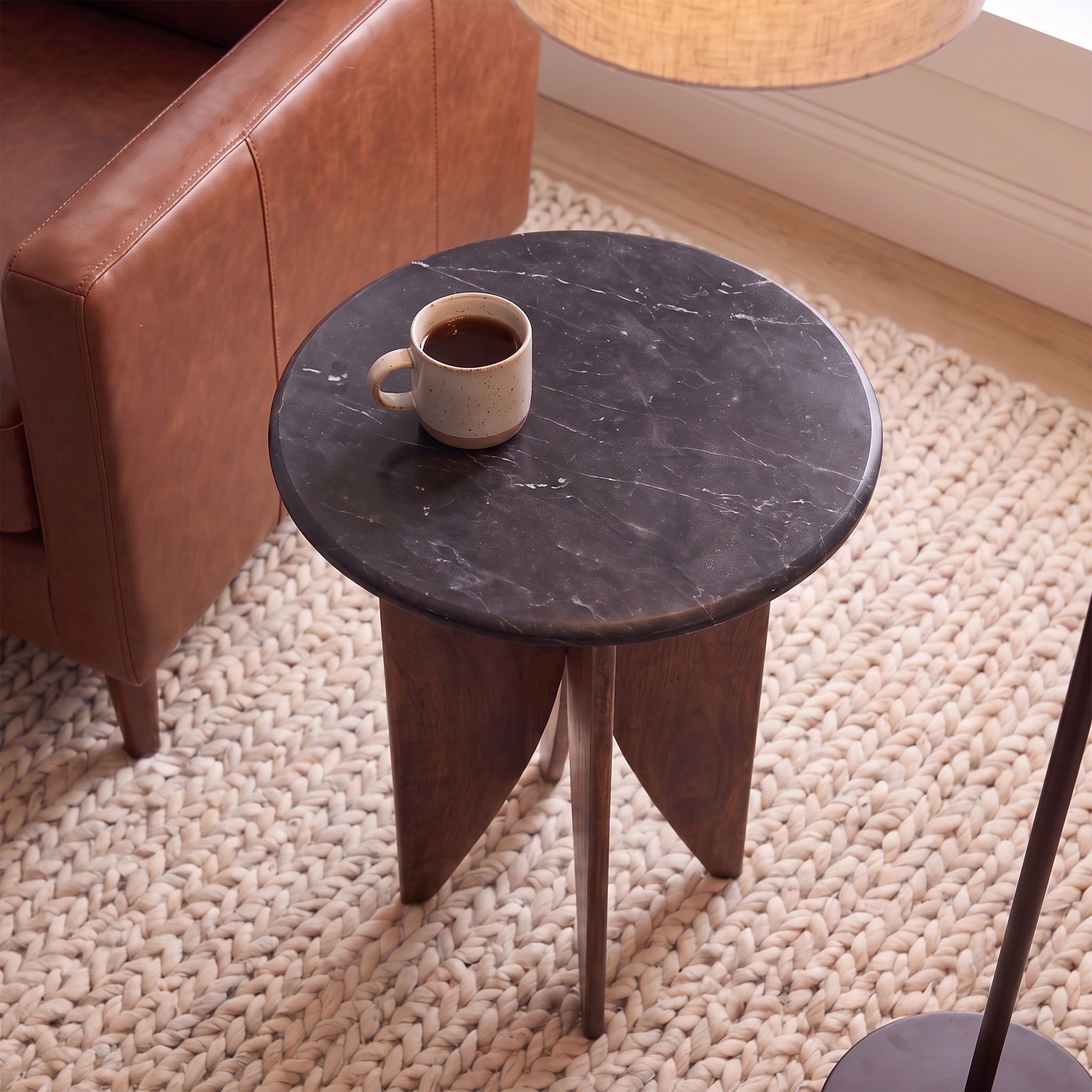 Black Marble & Wood Petal-Leg Side Table
