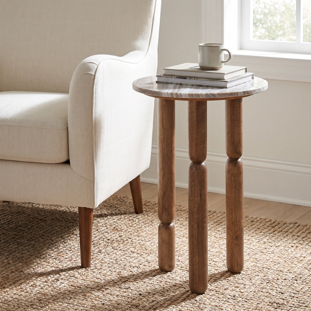 Marble Top Round Carved Wood 3 Leg Side Table