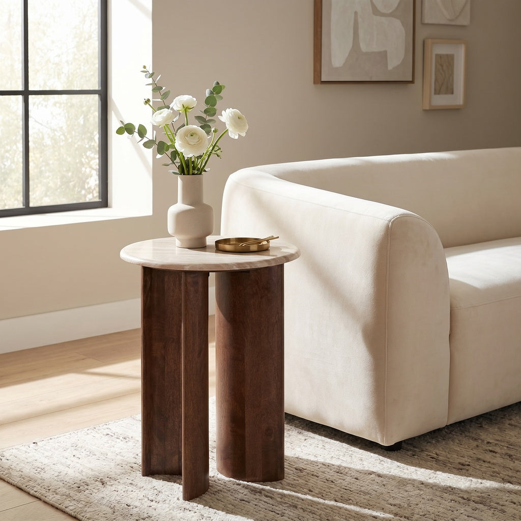 Beige Marble Wood Half Circle Base Side Table