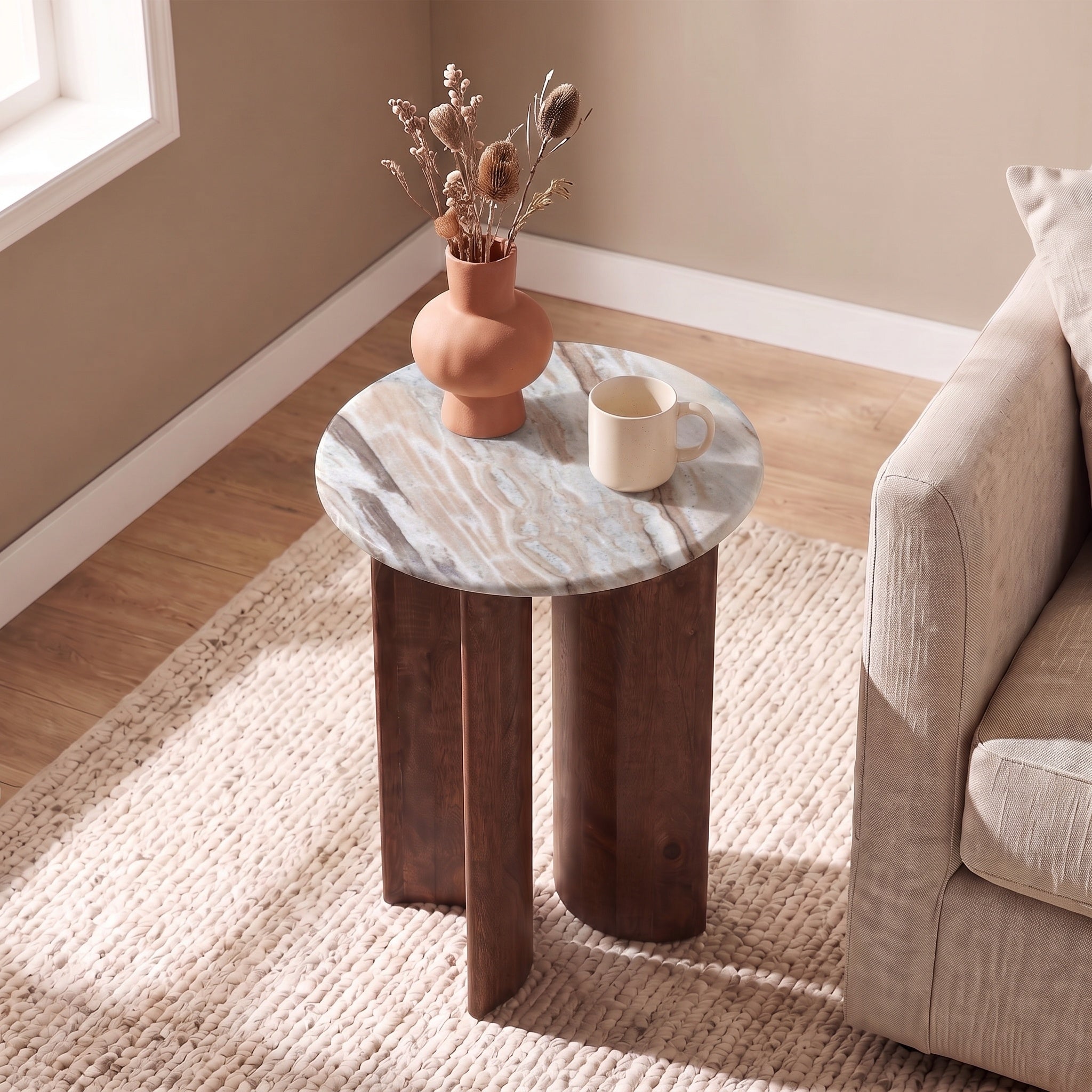 Beige Marble Wood Half Circle Base Side Table