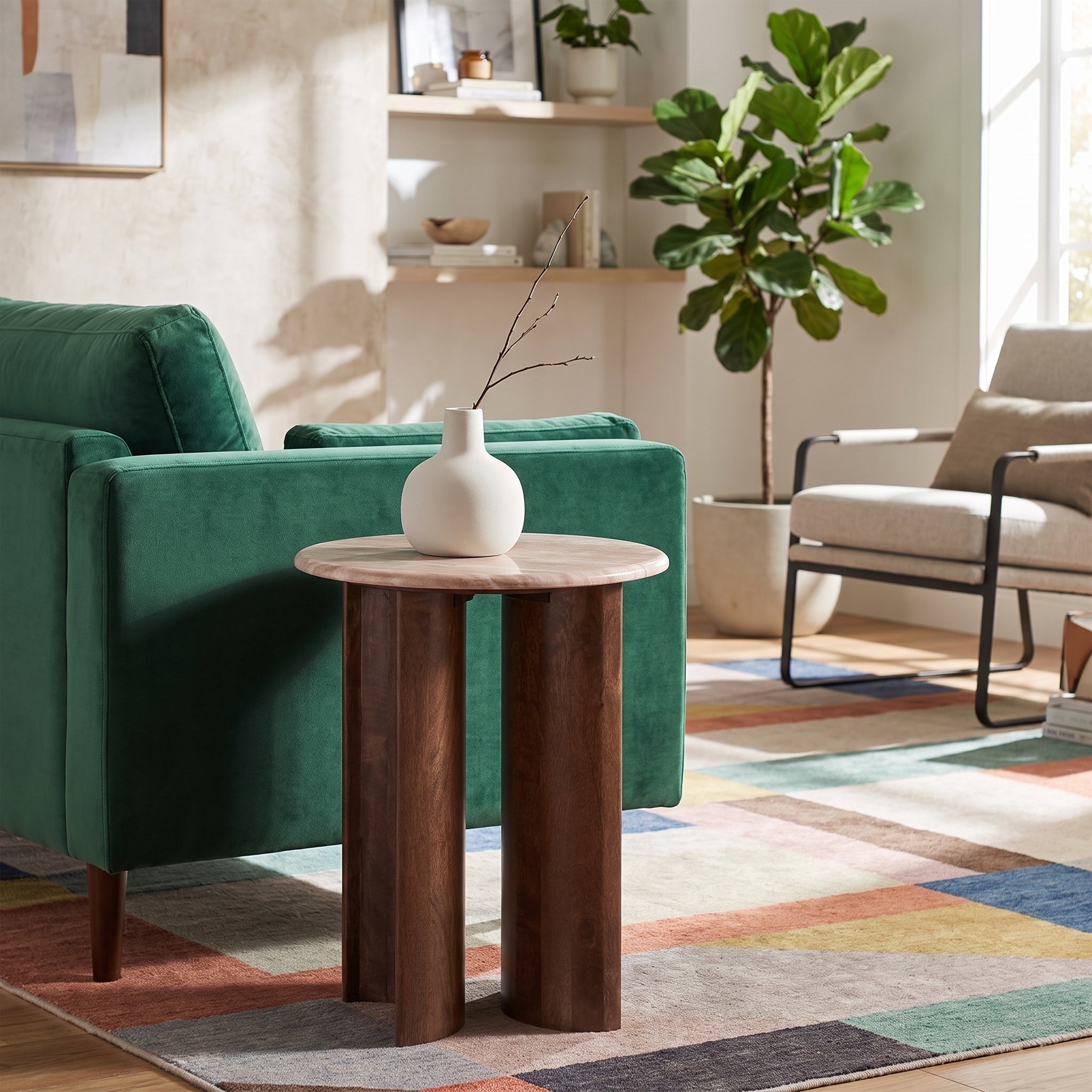 Beige Marble Wood Half Circle Base Side Table