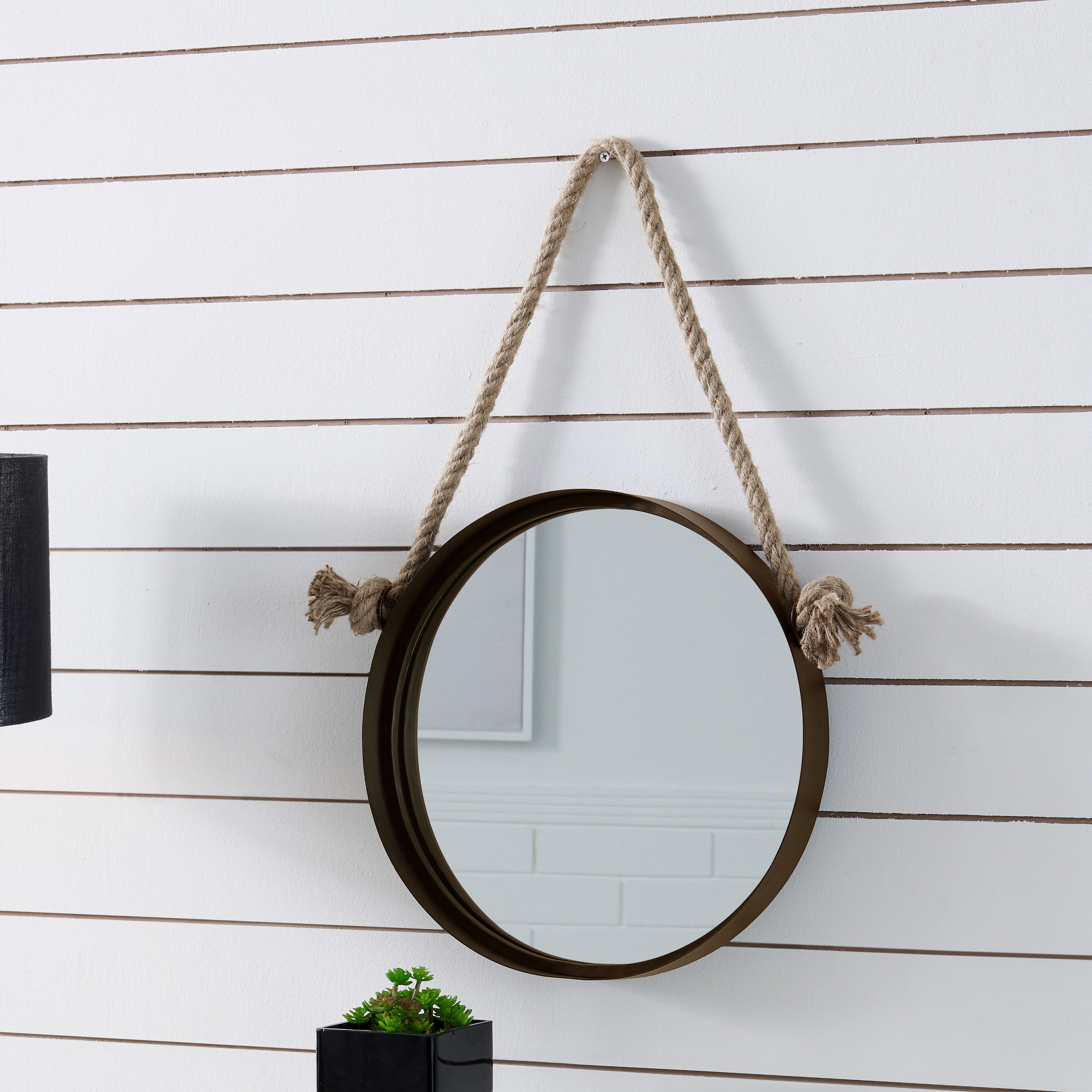 15in Dark Brown Iron Framed Round Accent Mirror with Hanging Rope