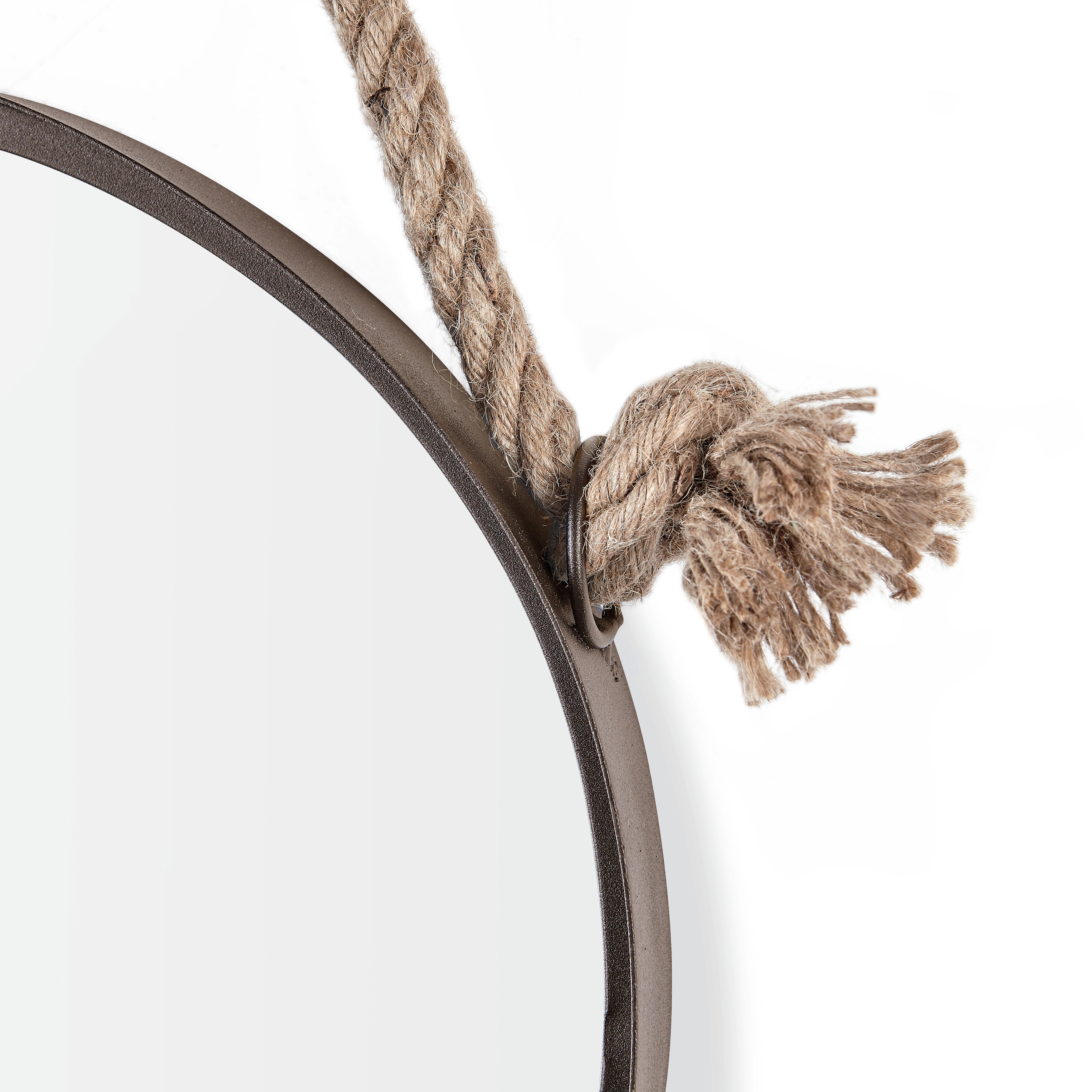 15in Dark Brown Iron Framed Round Accent Mirror with Hanging Rope