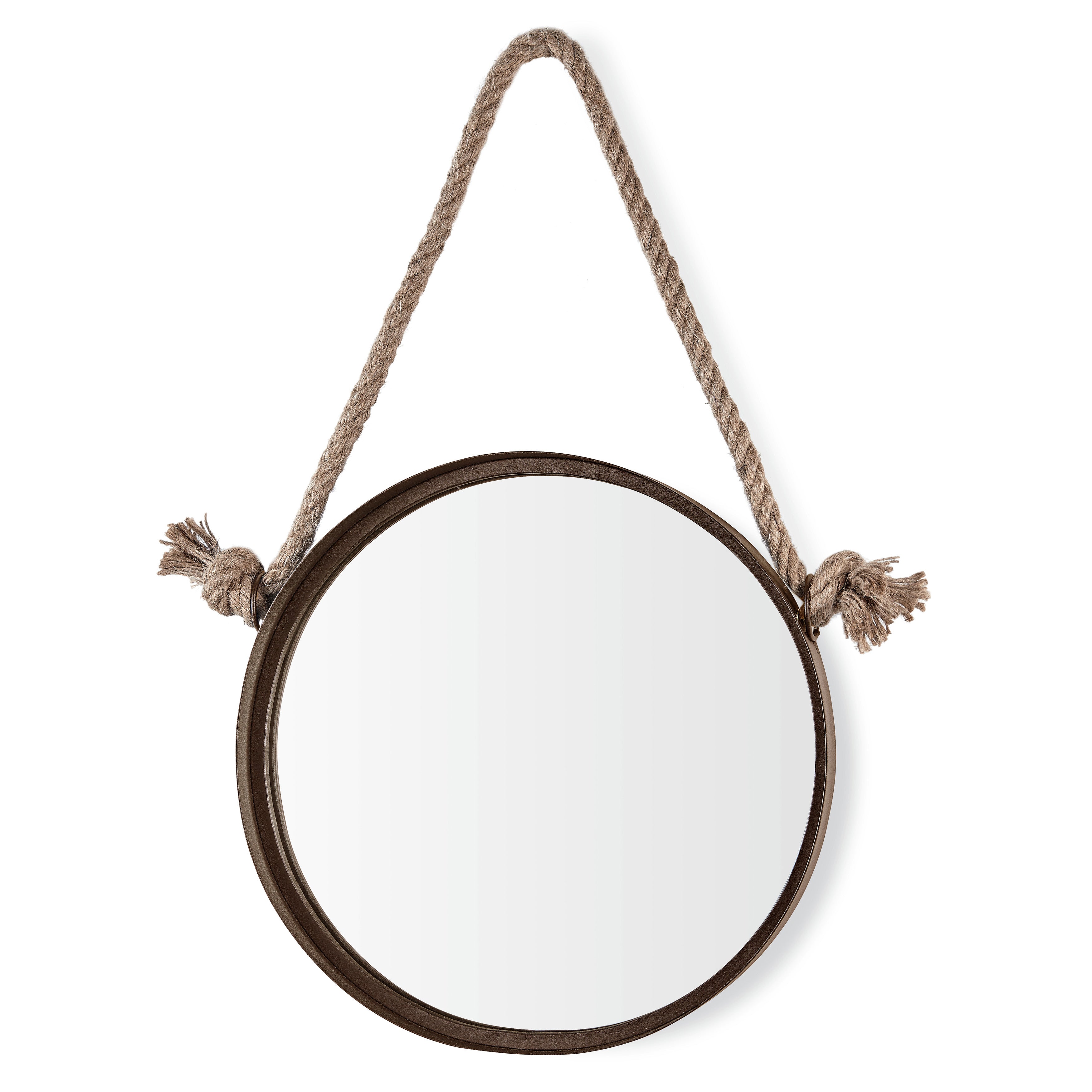 15in Dark Brown Iron Framed Round Accent Mirror with Hanging Rope