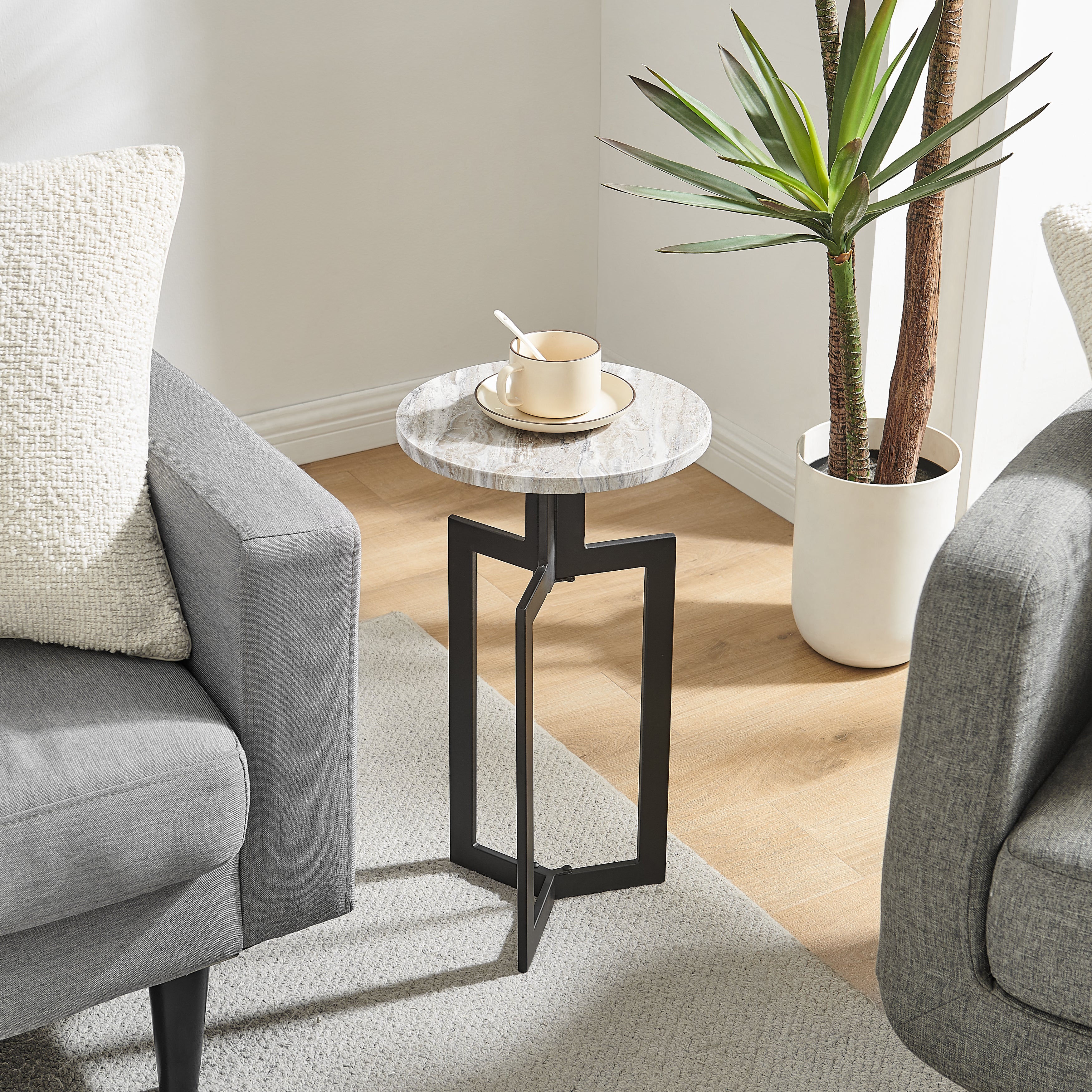 Black Metal & Faux Stone Accent Table