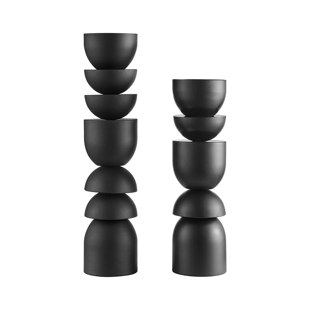 Stacked Sculptural Black Metal Candle Holder - Set of 2