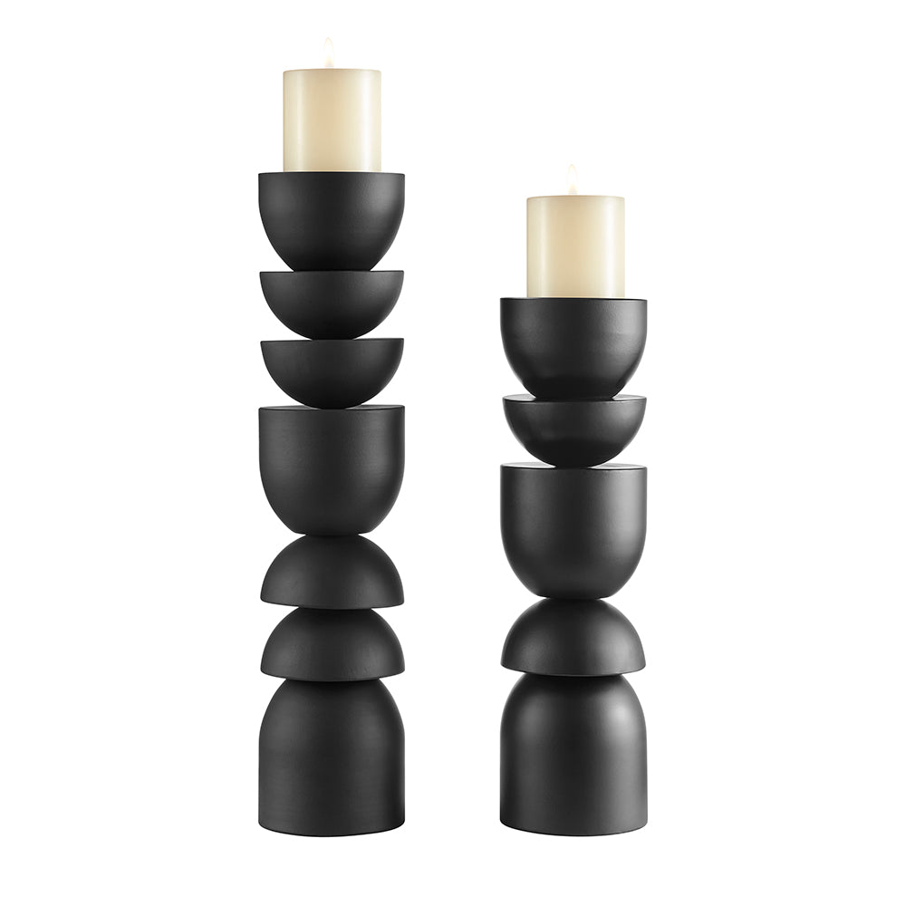 Stacked Sculptural Black Metal Candle Holder - Set of 2