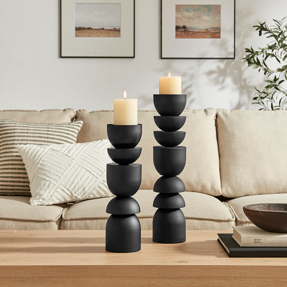 Stacked Sculptural Black Metal Candle Holder - Set of 2