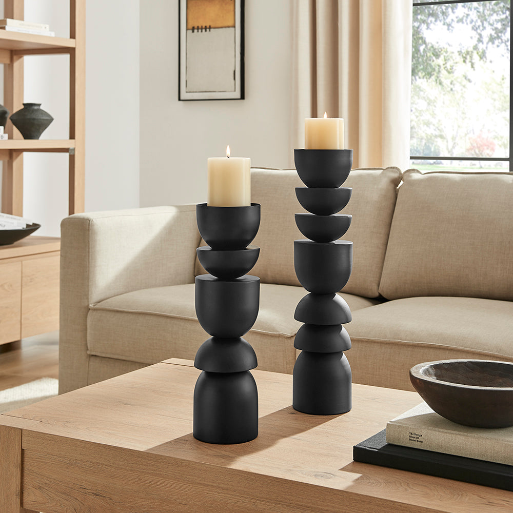 Stacked Sculptural Black Metal Candle Holder - Set of 2