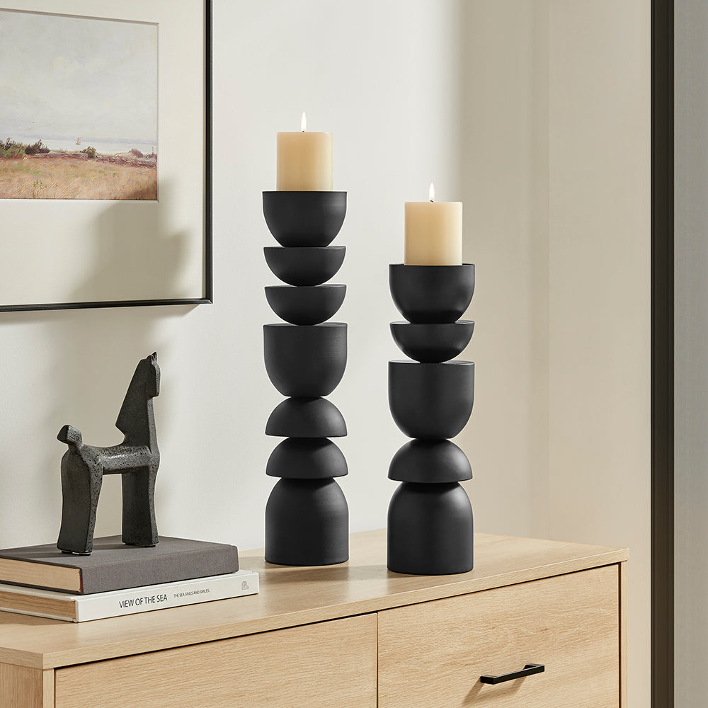 Stacked Sculptural Black Metal Candle Holder - Set of 2