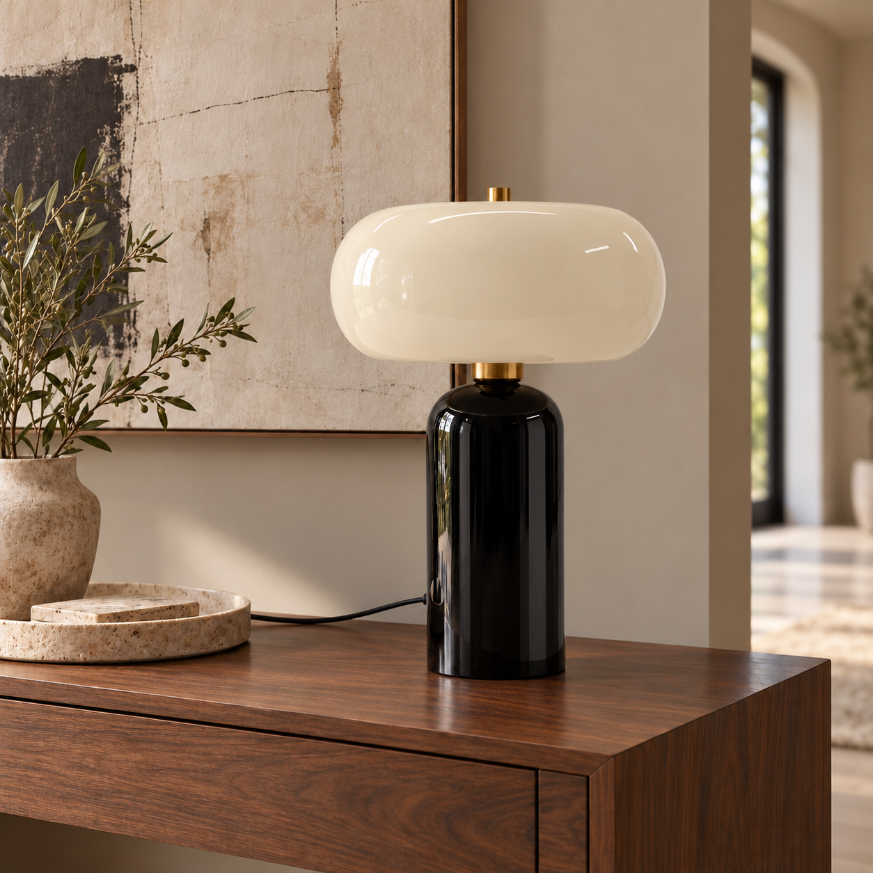 Black and Gold Pedestal Table Lamp with Cream Donut Shade