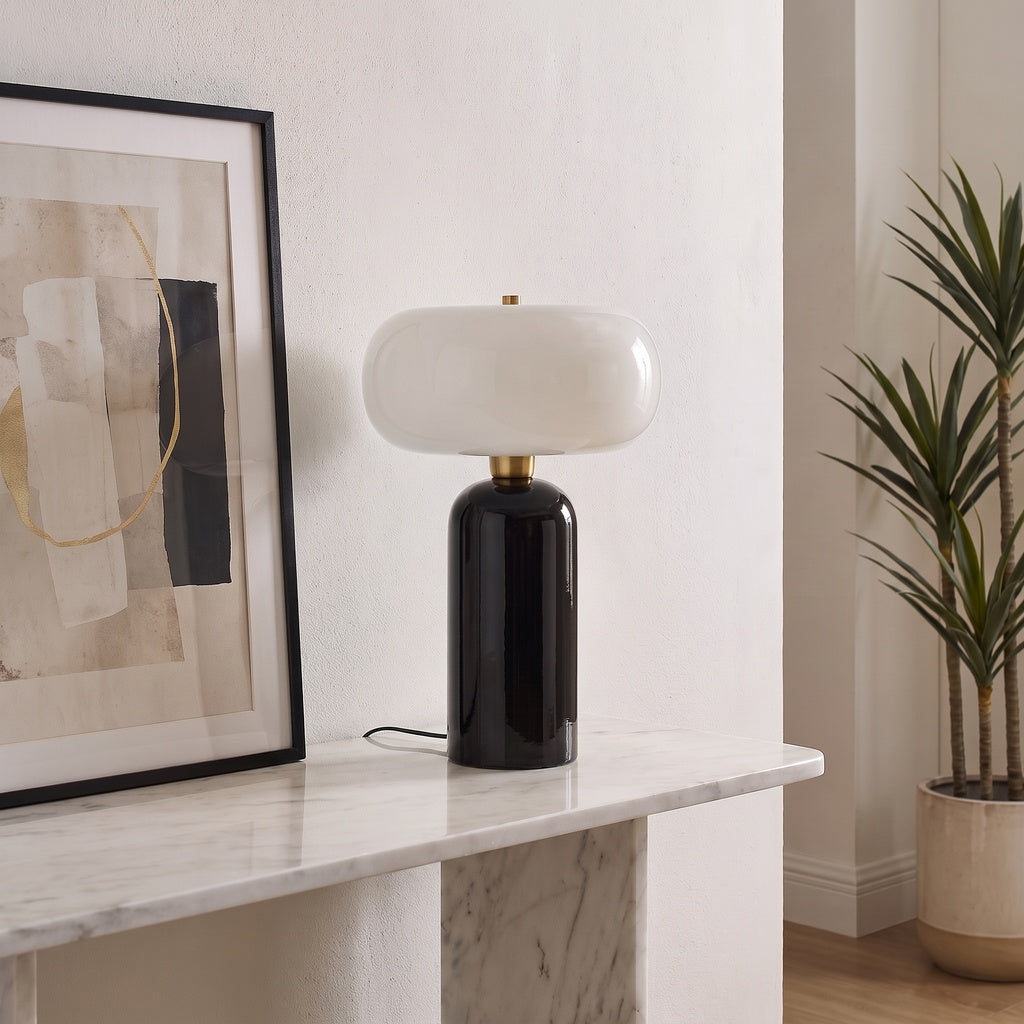 Black and Gold Pedestal Table Lamp with Cream Donut Shade