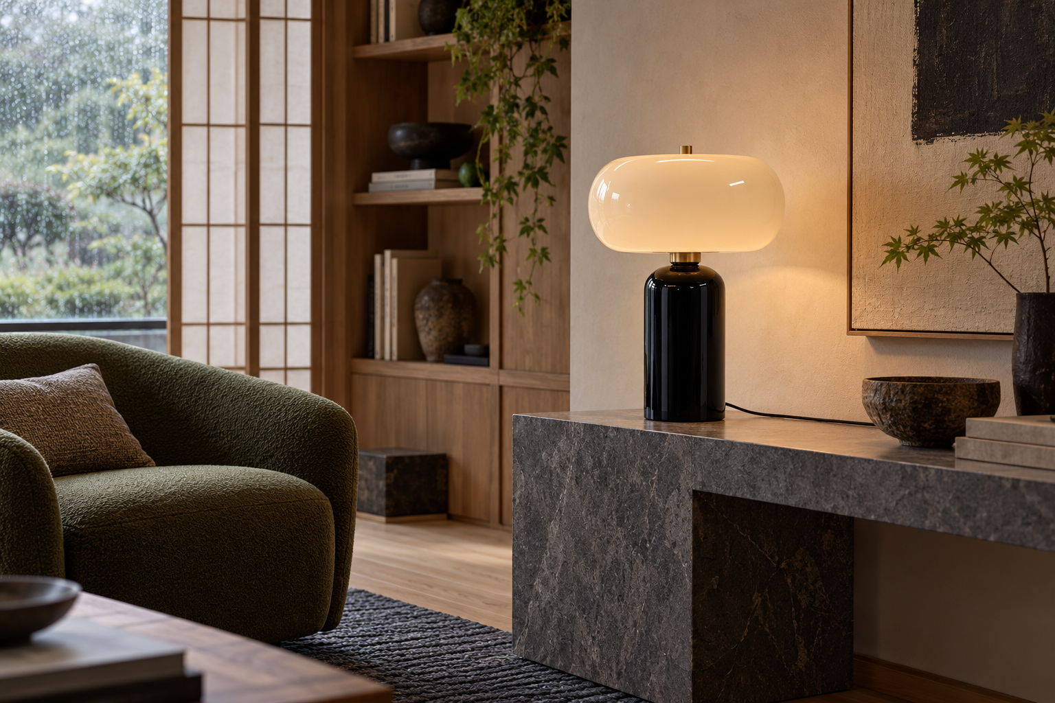 Black and Gold Pedestal Table Lamp with Cream Donut Shade