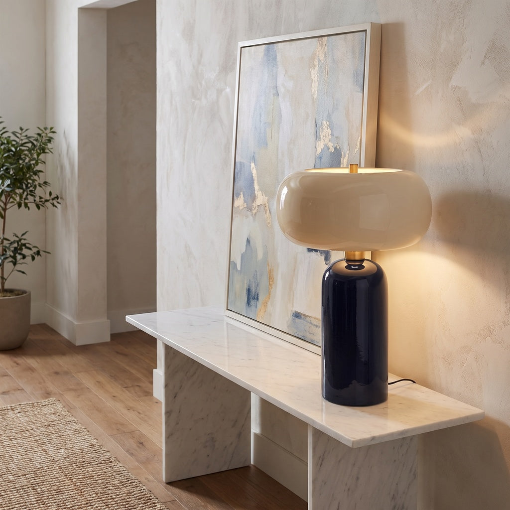 Black and Gold Pedestal Table Lamp with Cream Donut Shade