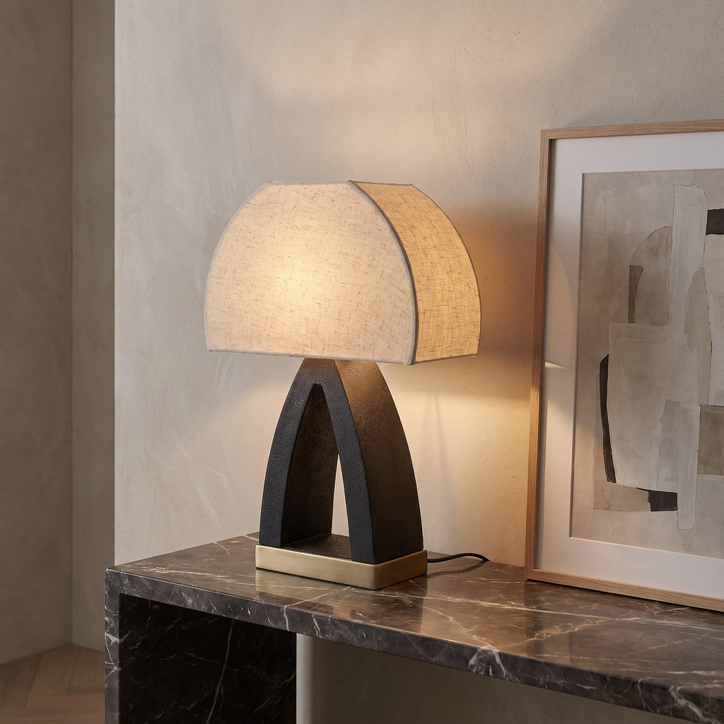 Black and Gold Cutout Base Table Lamp with Cream Shade