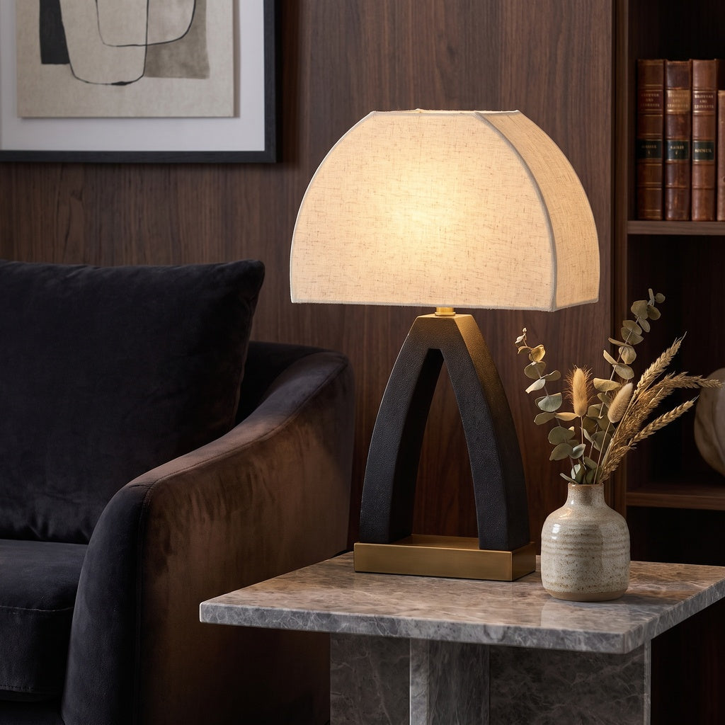 Black and Gold Cutout Base Table Lamp with Cream Shade