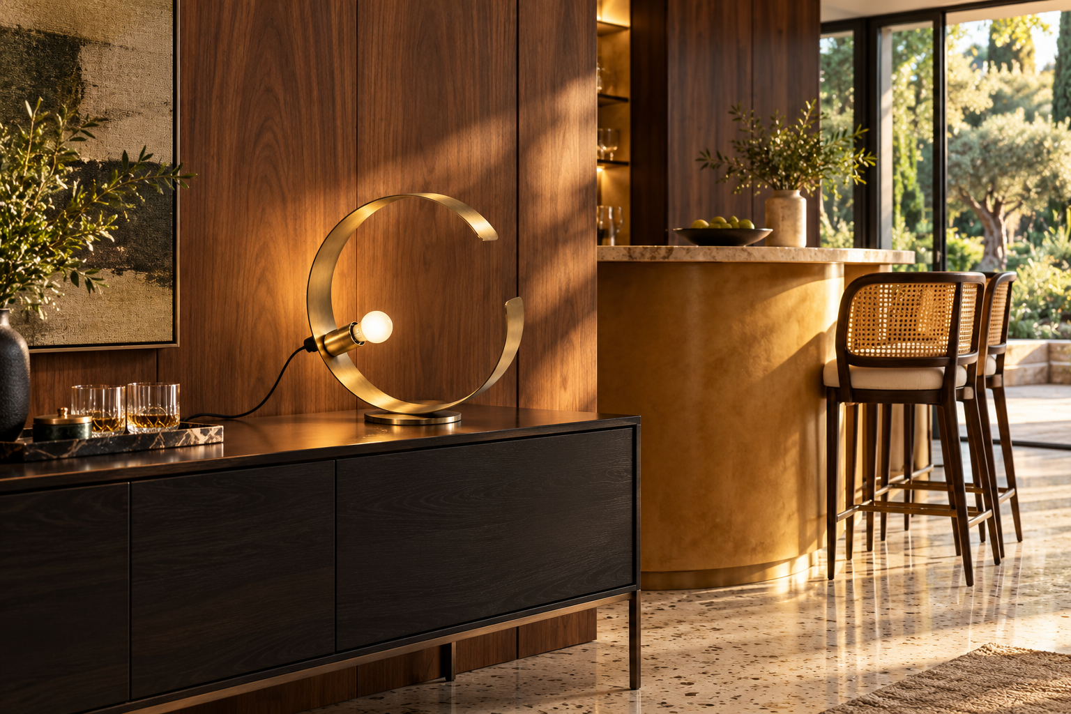 Low Profile Gold Metal Sculpture Arc Table Lamp