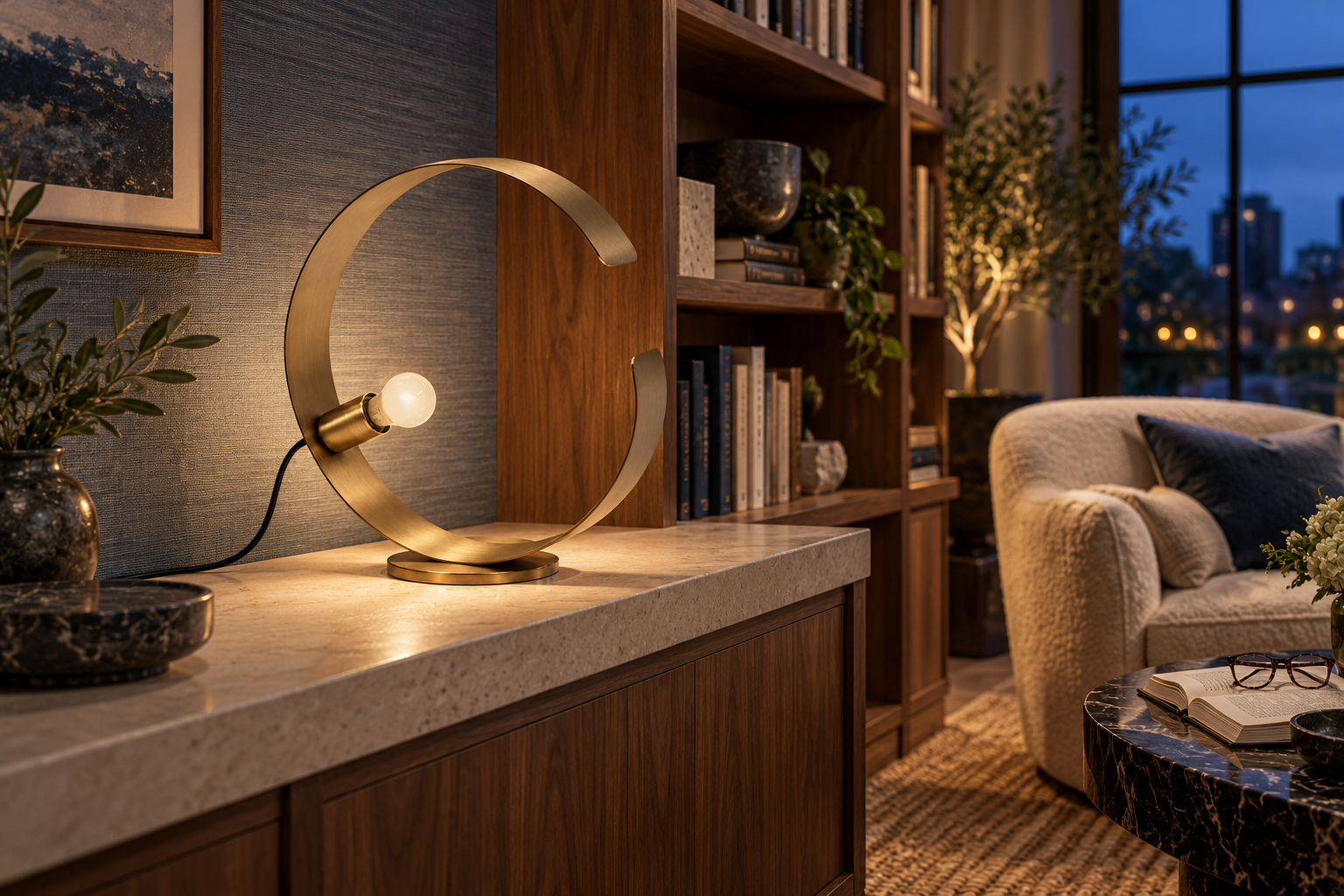 Low Profile Gold Metal Sculpture Arc Table Lamp