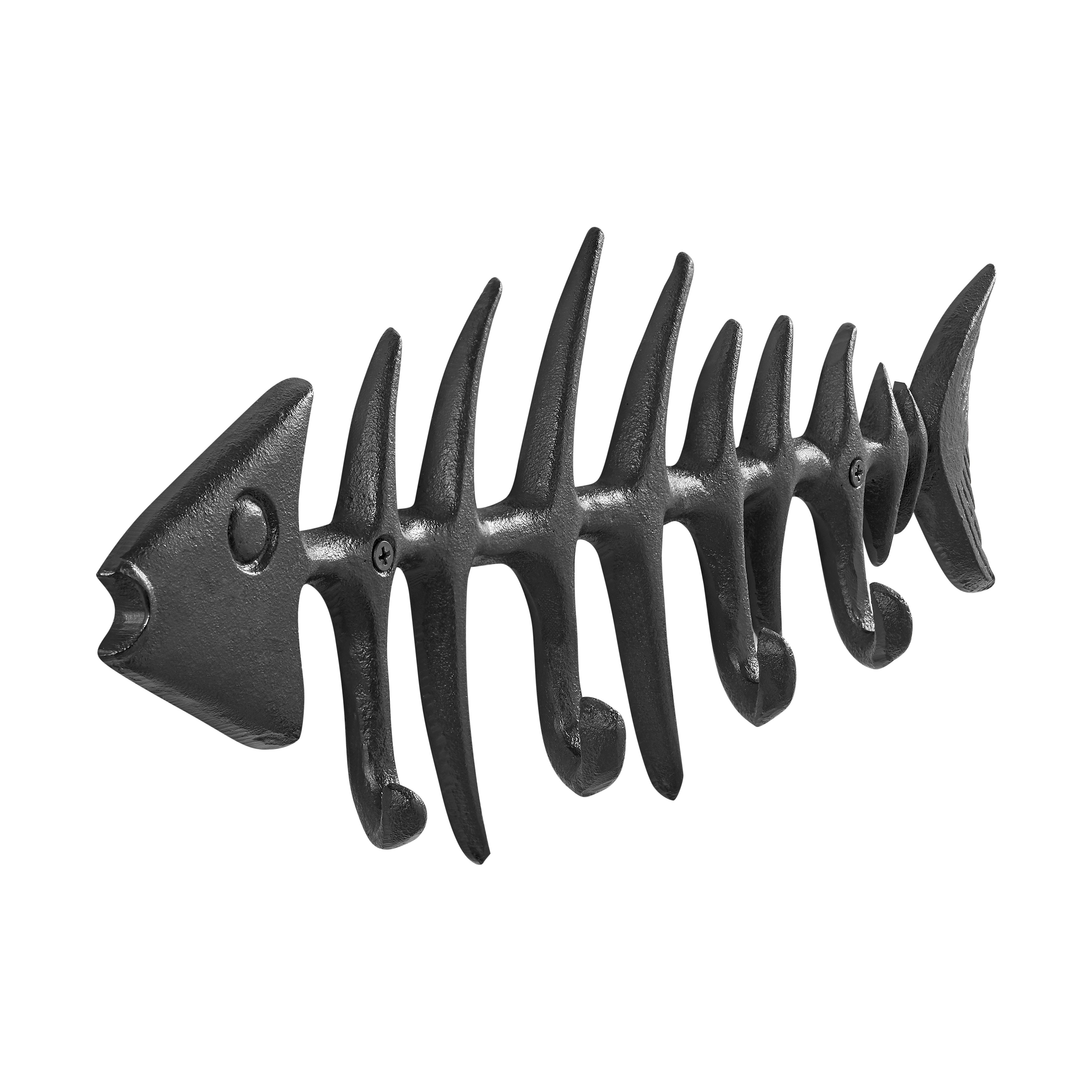 Dark Brown Cast Iron Fishbone Decorative Wall Sculpture Utility Hook Unit with 4 Hooks