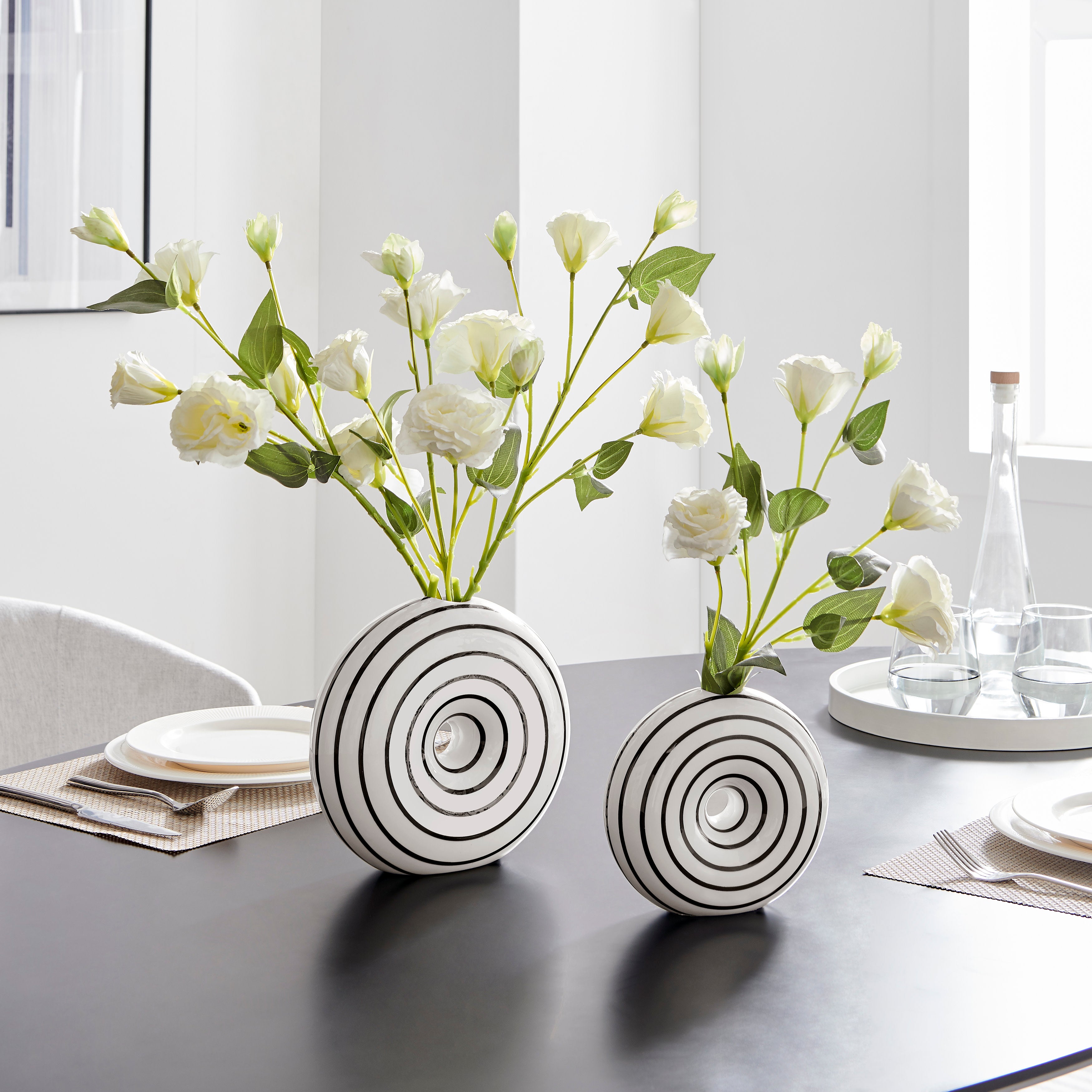 Etta Two Piece Glossy Ceramic Black and White Striped Round Hollow Circle Donut Vase Set