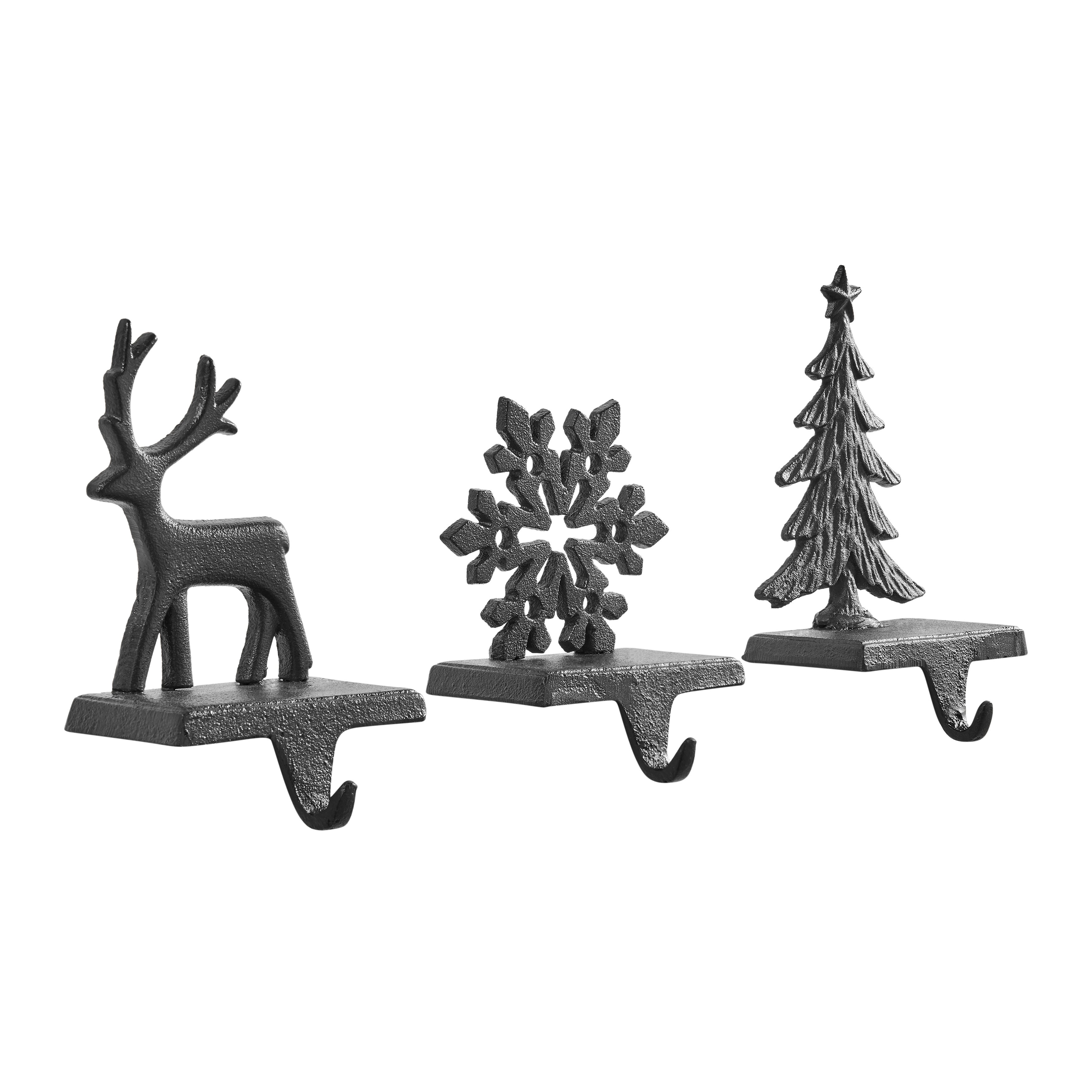 Dark Brown Cast Iron Holiday Sculpture Figure Christmas Decorative Utility Mantel Stocking Hook Set of 3 - Snowflake, Reindeer, Tree