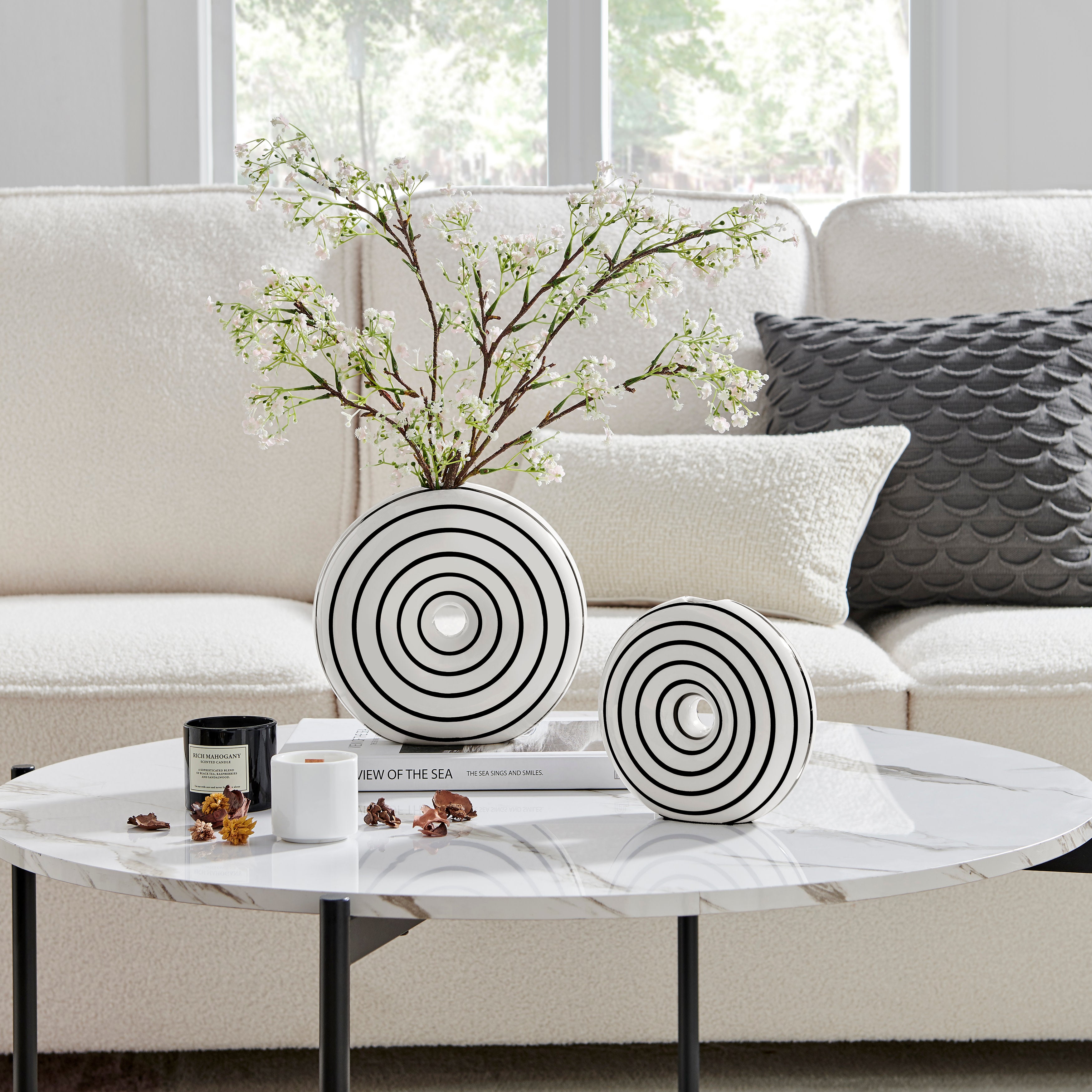 Etta Two Piece Glossy Ceramic Black and White Striped Round Hollow Circle Donut Vase Set