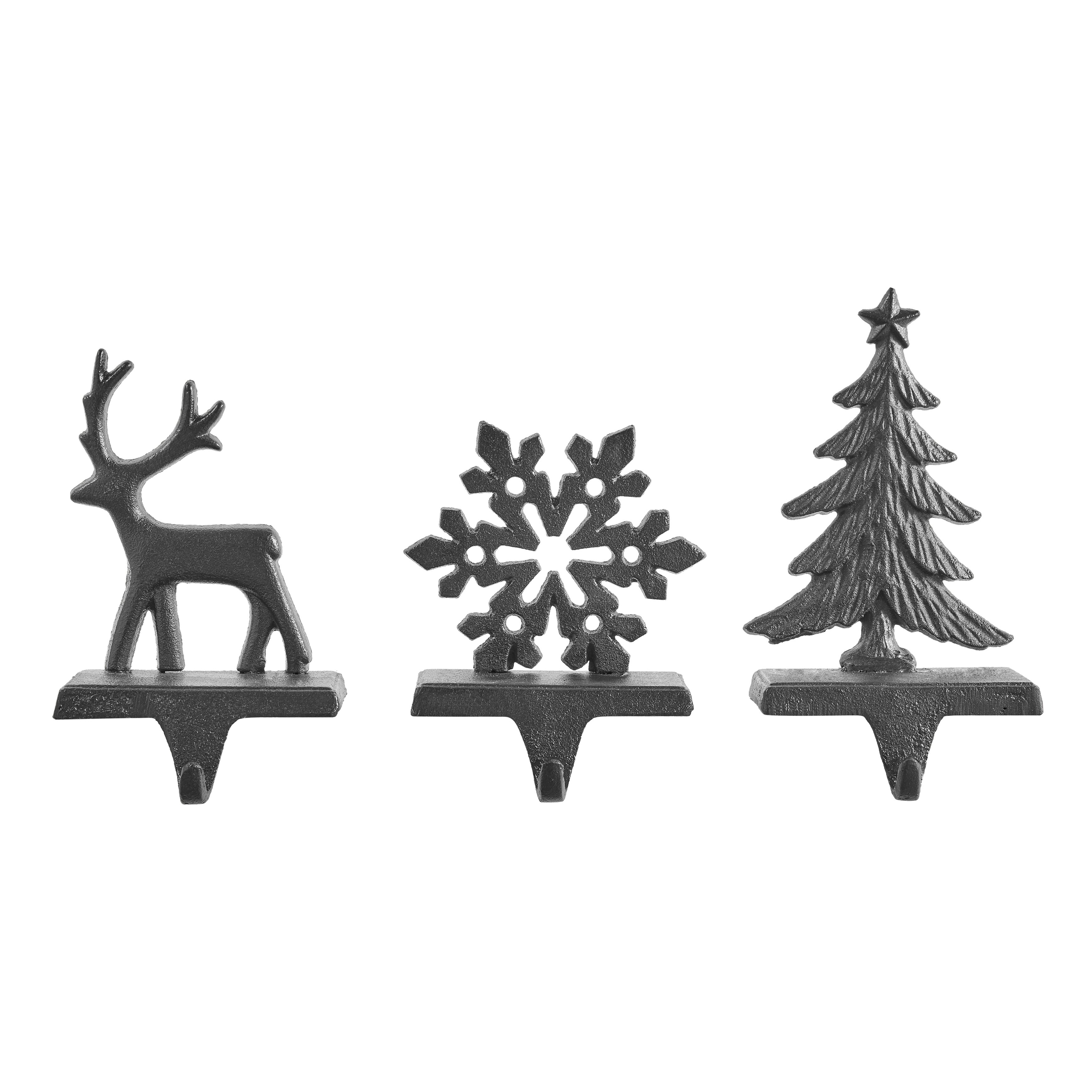 Dark Brown Cast Iron Holiday Sculpture Figure Christmas Decorative Utility Mantel Stocking Hook Set of 3 - Snowflake, Reindeer, Tree