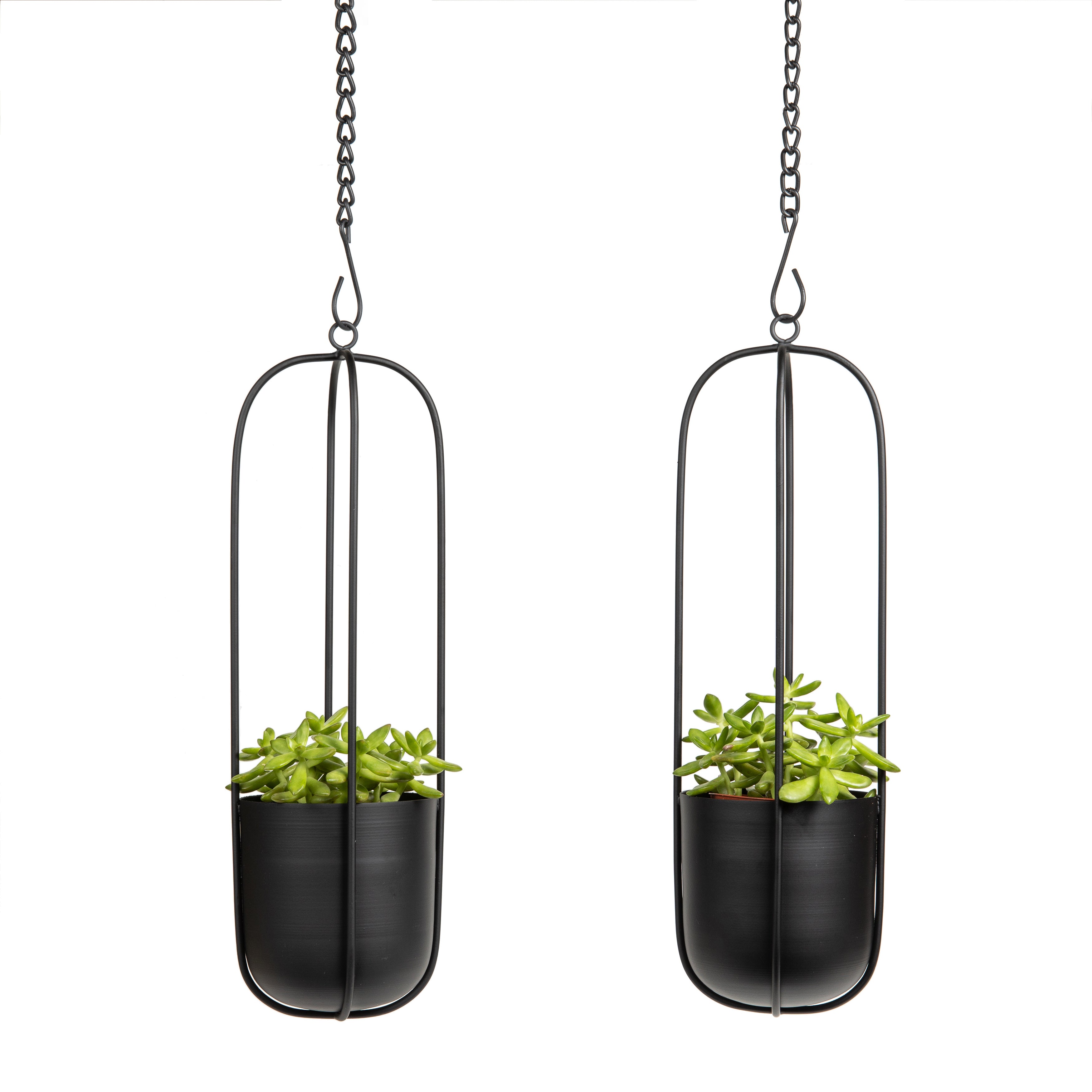 Walter 2-Piece Modern Black Metal Oval Hanging Planter Set with Chain Hanging Option