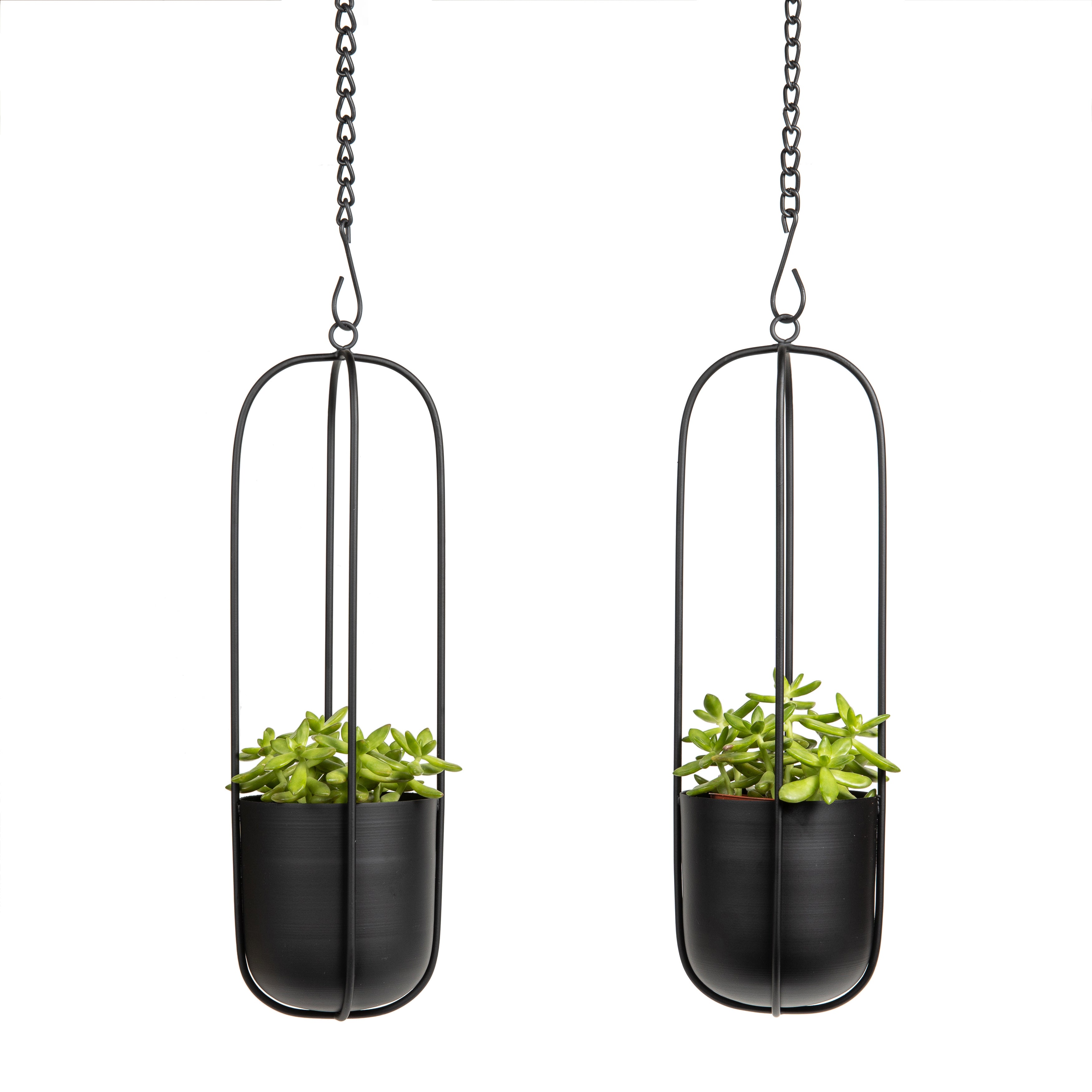 small black hanging planter Danya B. Walter 2-Piece Modern Black Metal Oval Hanging Planter Set with Chain Hanging Option