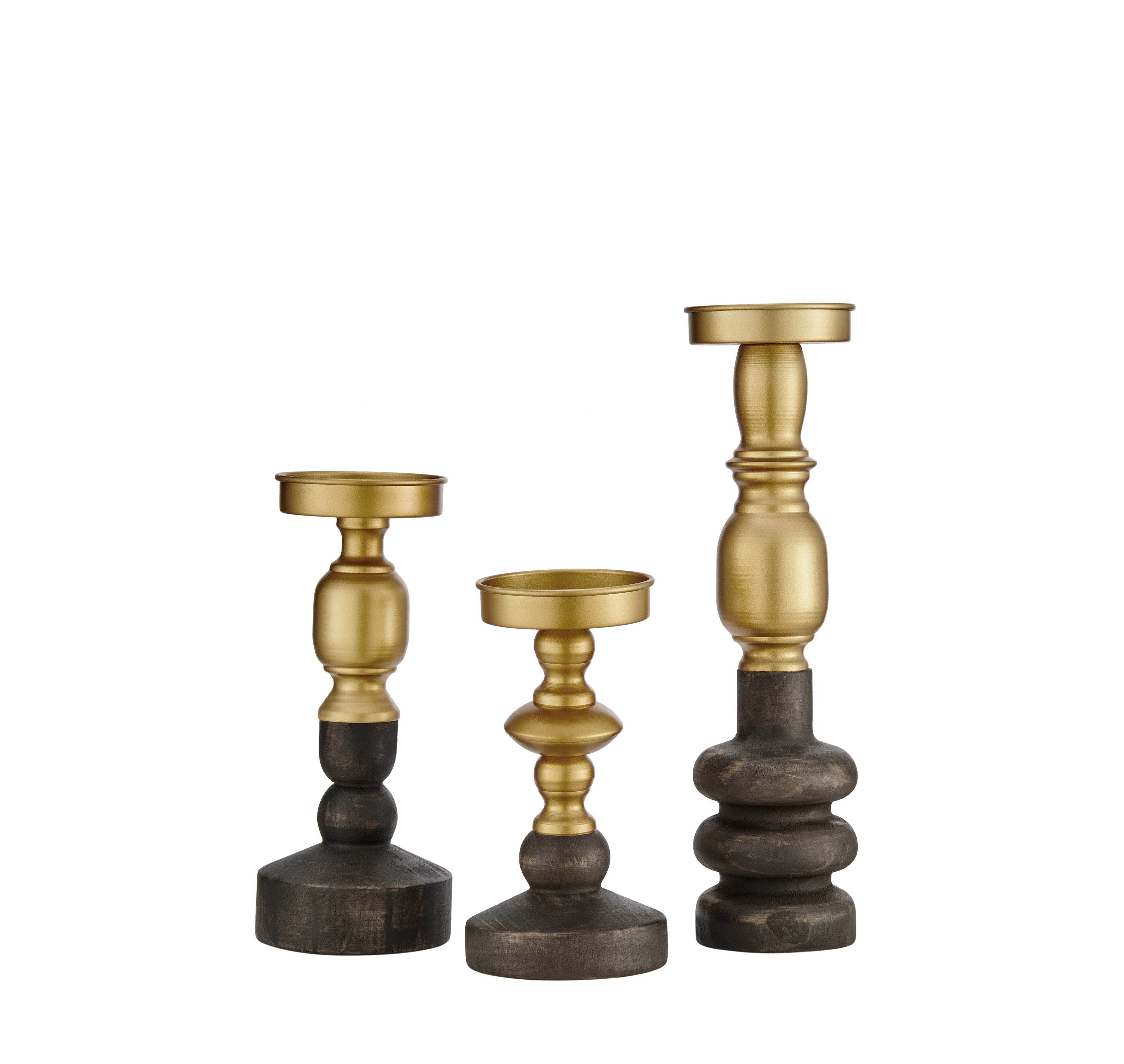 Nara Antique Brass and Vintage Wood Taper Candlestick and Pillar Candle Holders - Set of 3