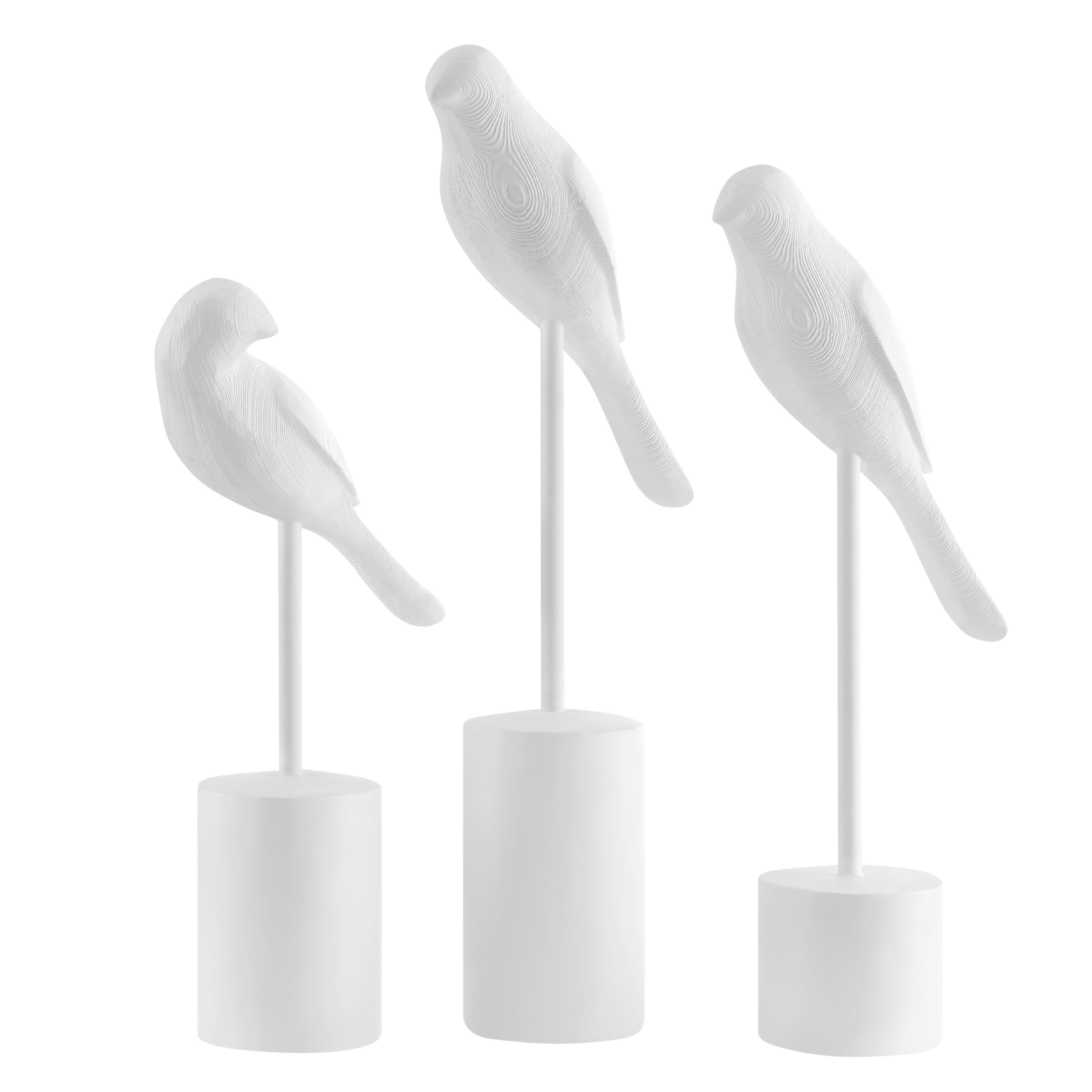 Ren Bird Perched White Ornament Decorative Accent Sculpture Figurines - Set of 3