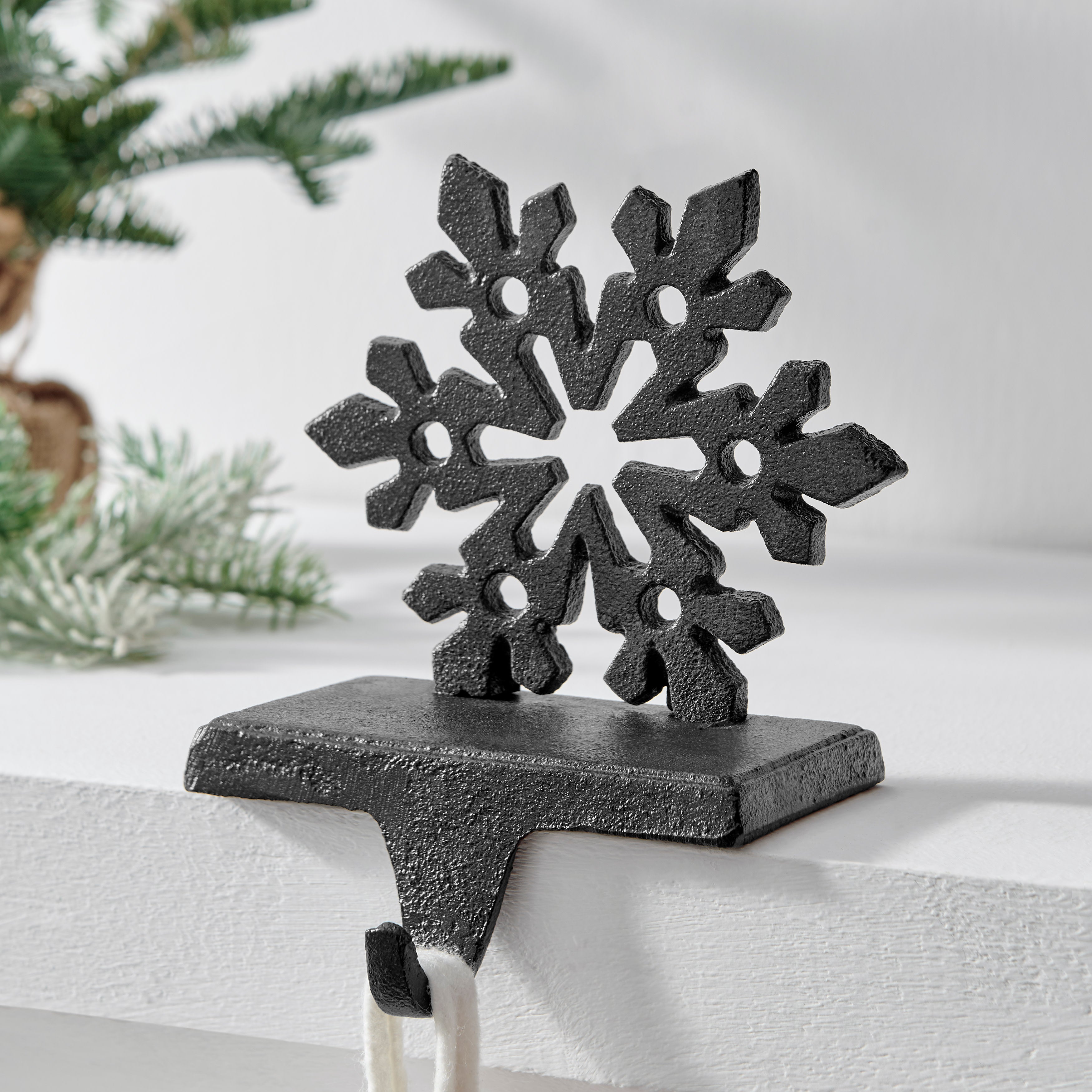 Dark Brown Cast Iron Holiday Sculpture Figure Christmas Decorative Utility Mantel Stocking Hook Set of 3 - Snowflake, Reindeer, Tree