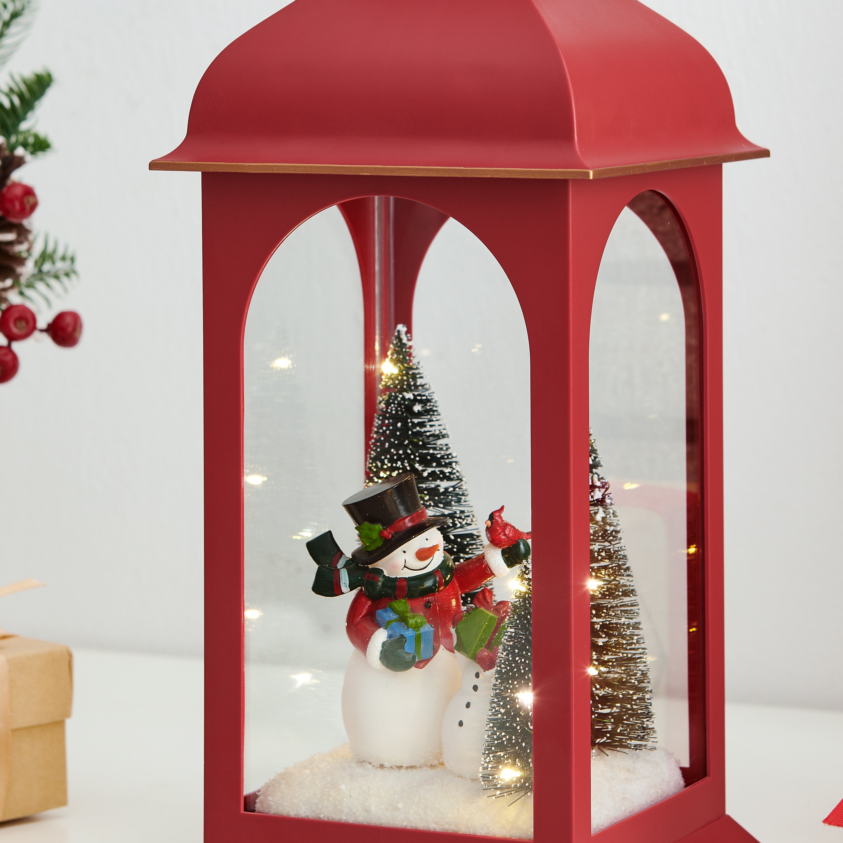 Tabletop Red Christmas Snowman Winter Scene Diorama Lighted Lantern Decoration