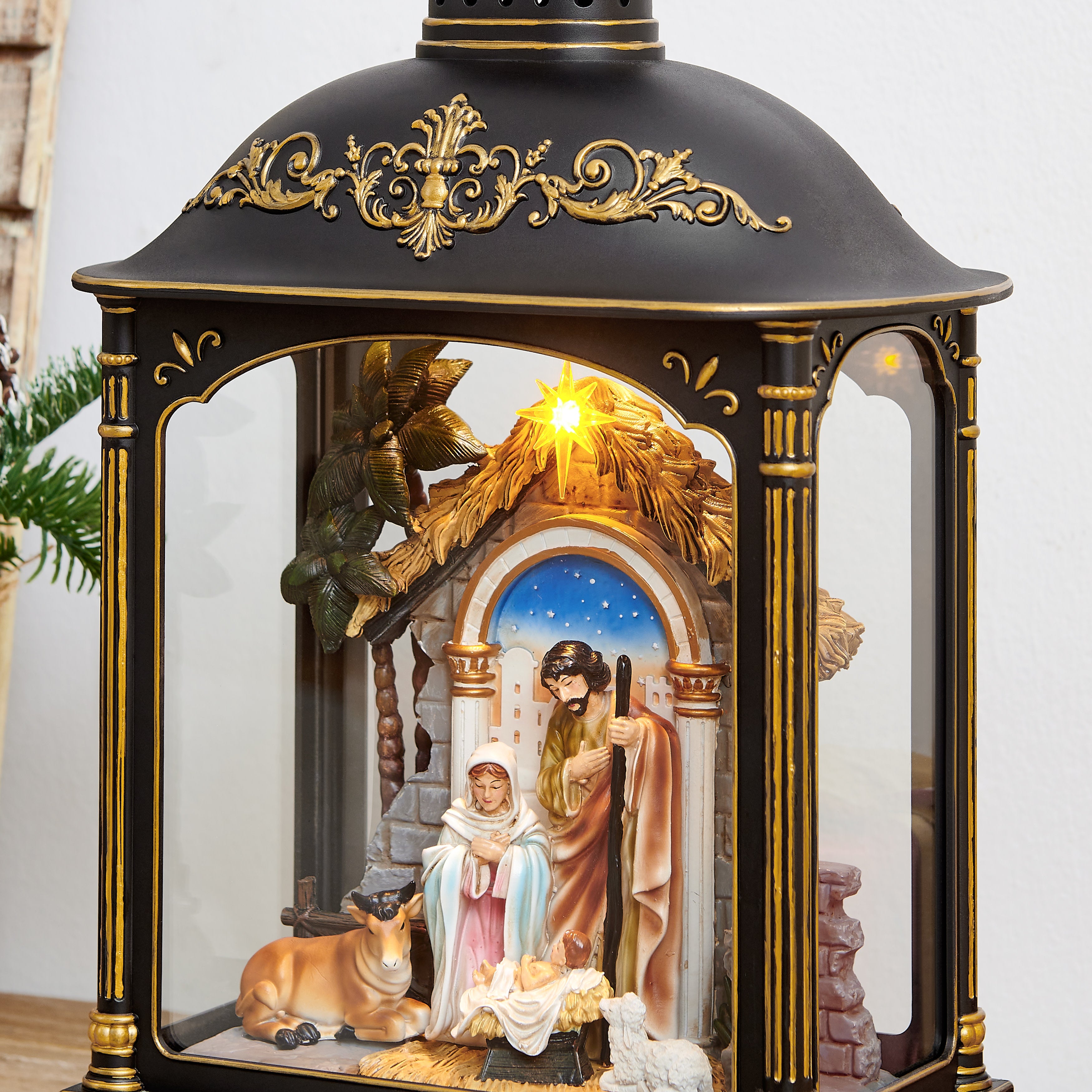 Tabletop Antique Black and Gold Ornate Christmas Nativity Scene Diorama Lighted Lantern Decoration