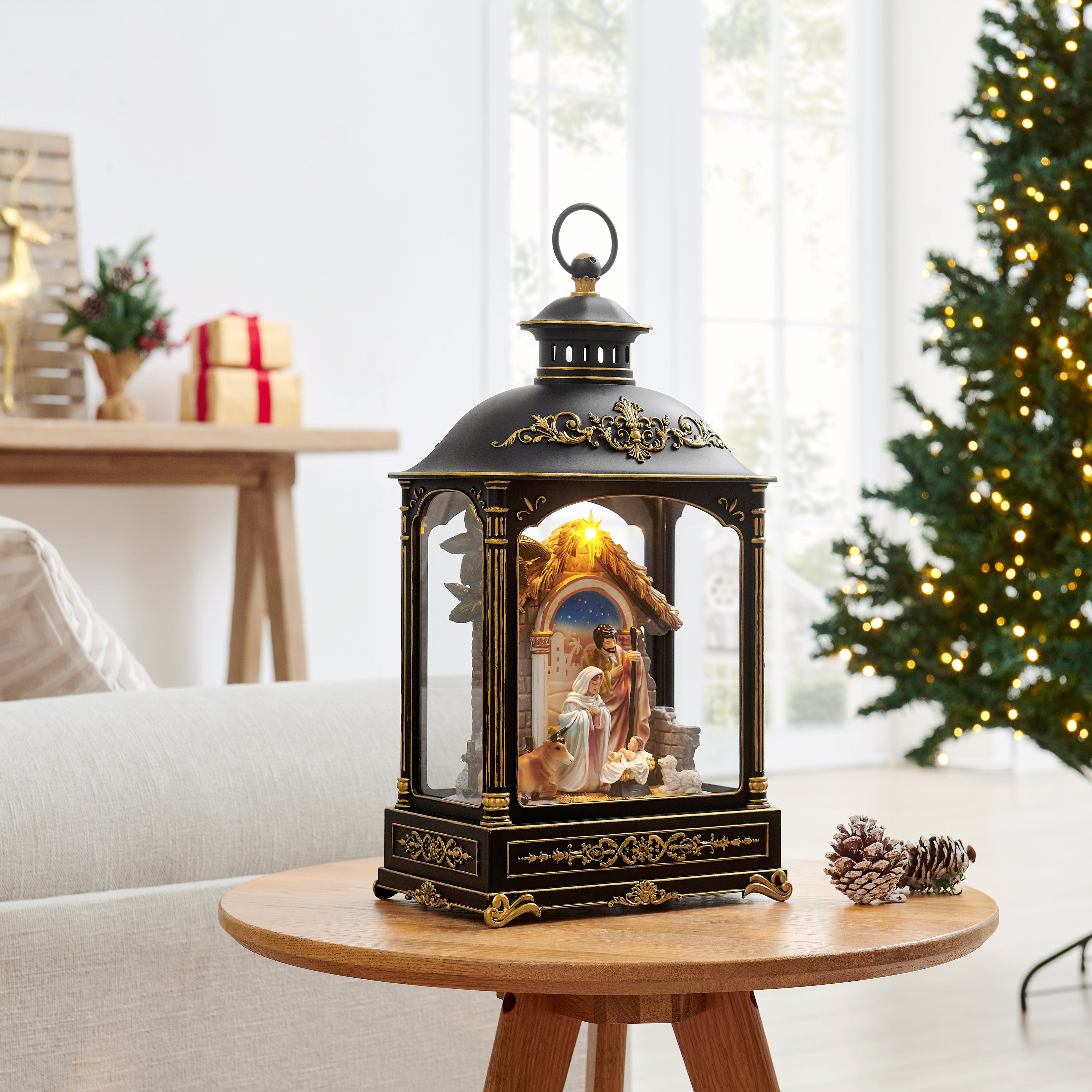 Tabletop Antique Black and Gold Ornate Christmas Nativity Scene Diorama Lighted Lantern Decoration