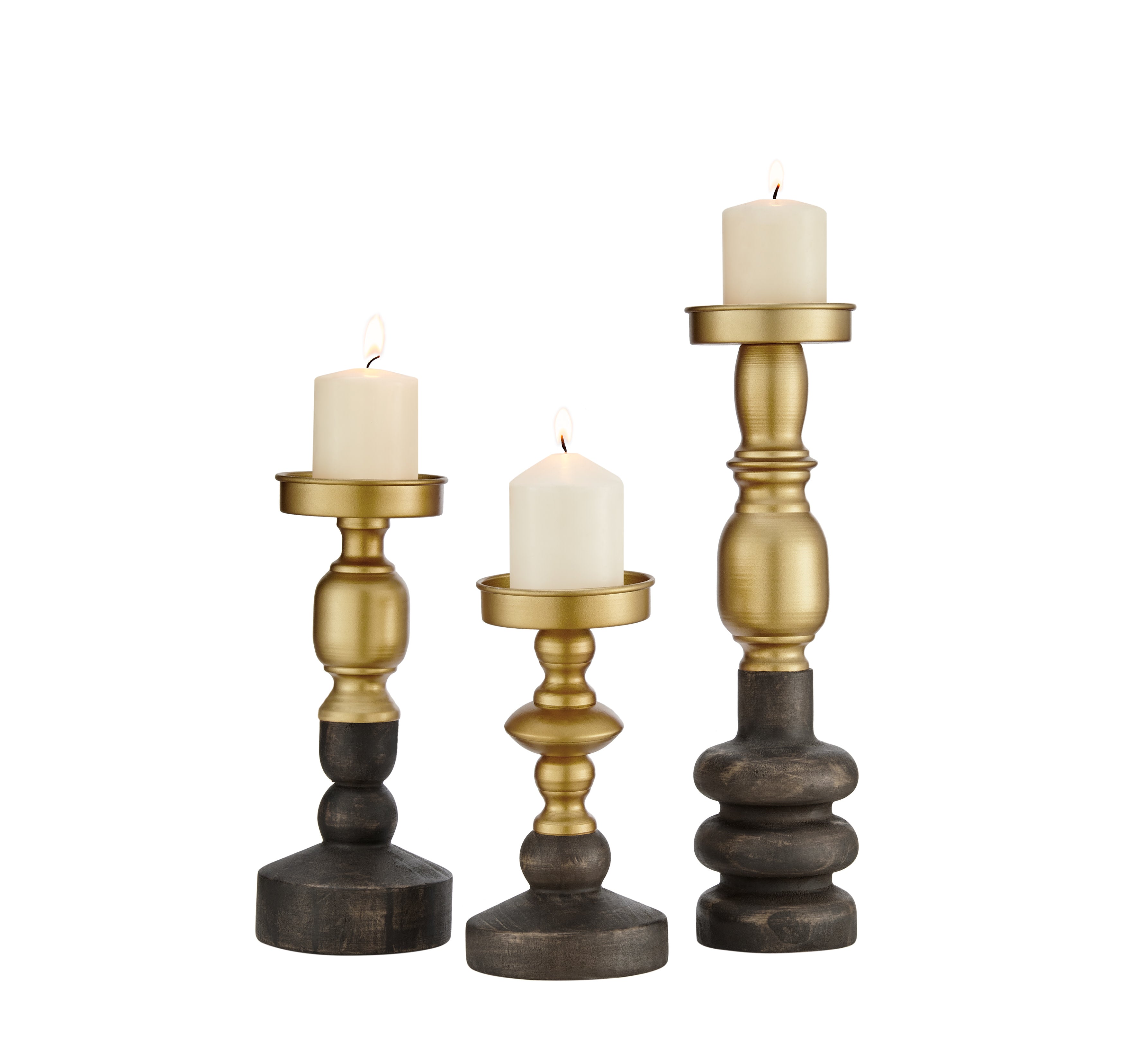 Nara Antique Brass and Vintage Wood Taper Candlestick and Pillar Candle Holders - Set of 3