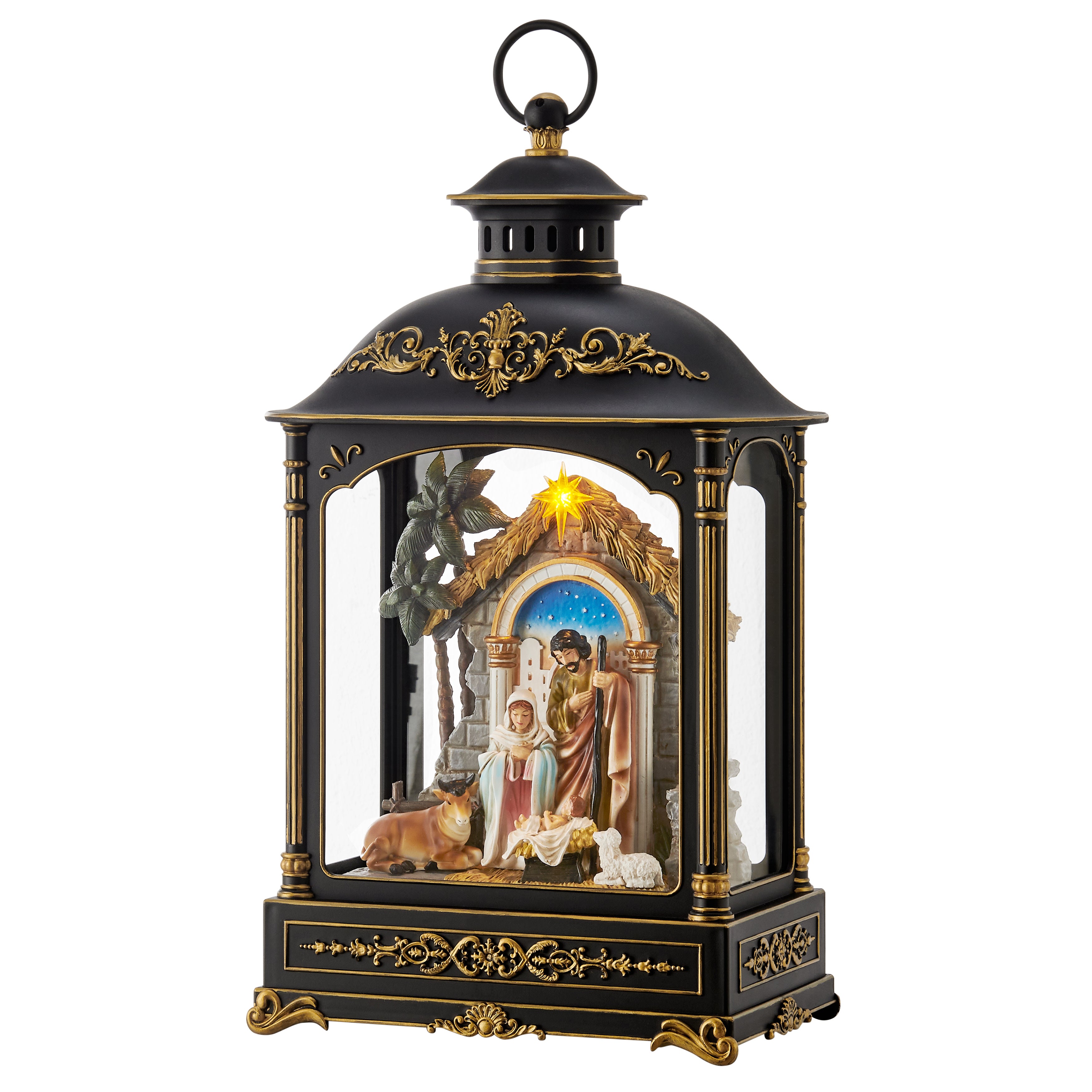 Tabletop Antique Black and Gold Ornate Christmas Nativity Scene Diorama Lighted Lantern Decoration