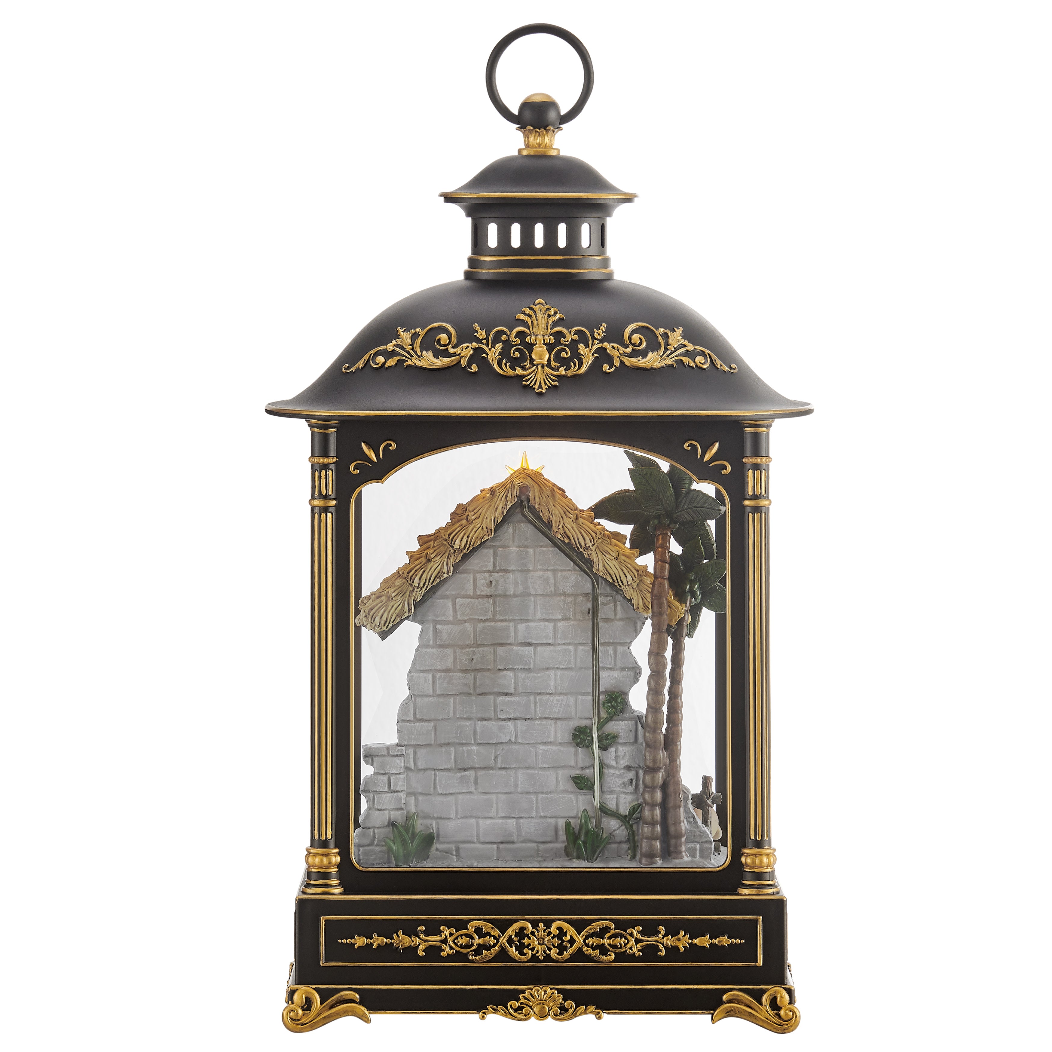 Tabletop Antique Black and Gold Ornate Christmas Nativity Scene Diorama Lighted Lantern Decoration