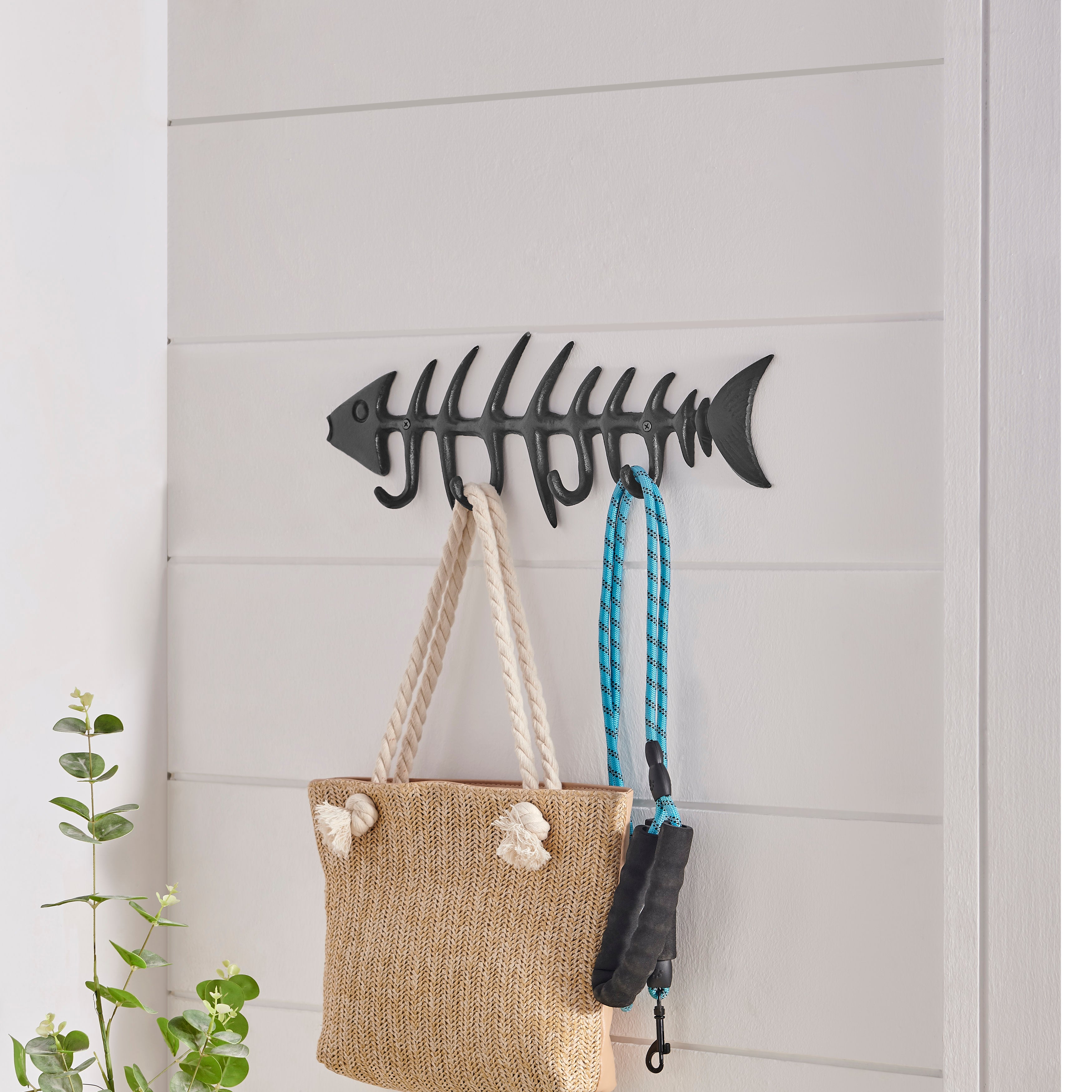 Danya B Dark Brown Cast Iron Fishbone Decorative Wall Sculpture Utility Hook Unit with 4 Hooks